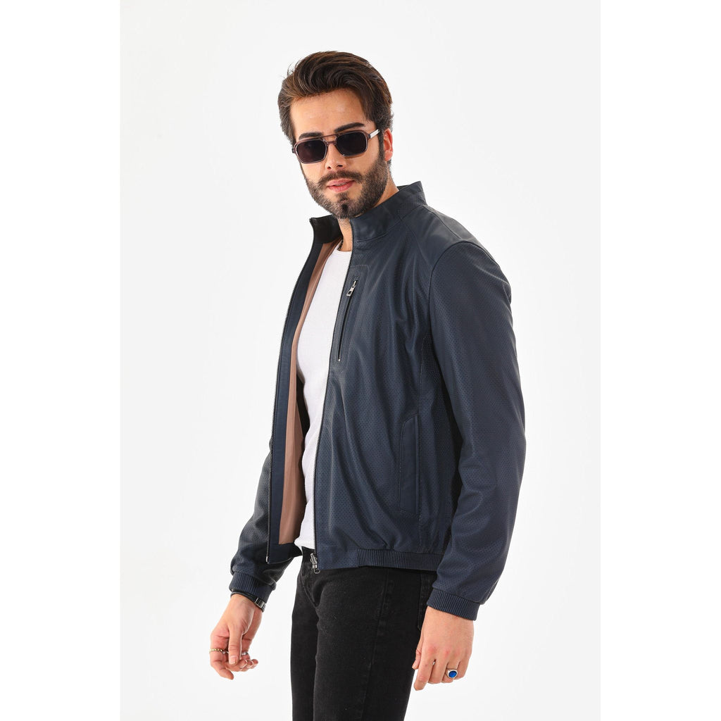 Vinci The Como Navy Blue Leather Bomber Jacket