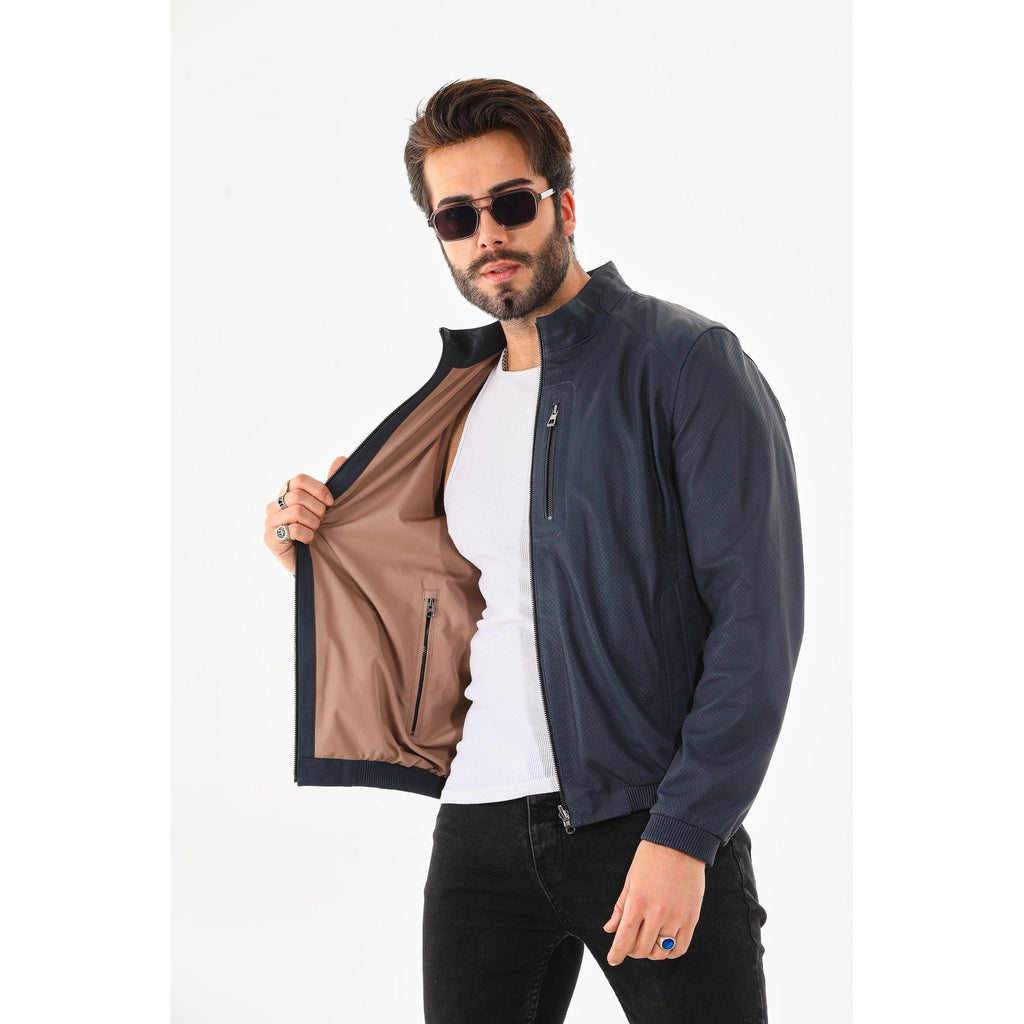 Vinci The Como Navy Blue Leather Bomber Jacket