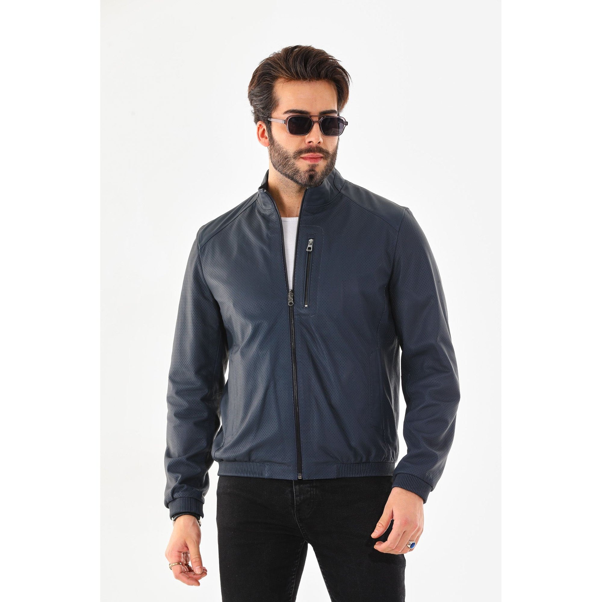 Vinci The Como Navy Blue Leather Bomber Jacket