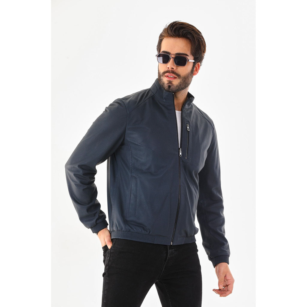 Vinci The Como Navy Blue Leather Bomber Jacket