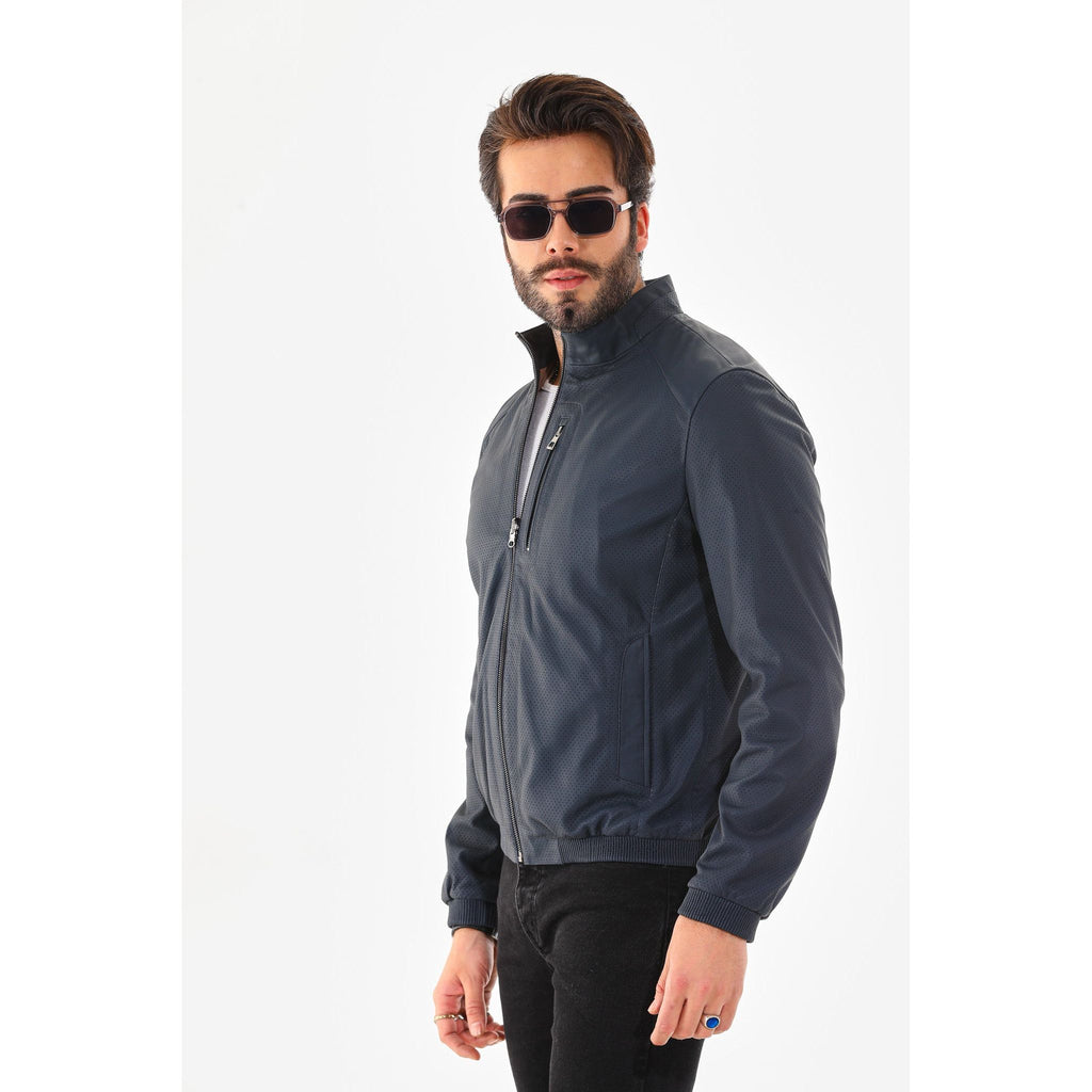 Vinci The Como Navy Blue Leather Bomber Jacket