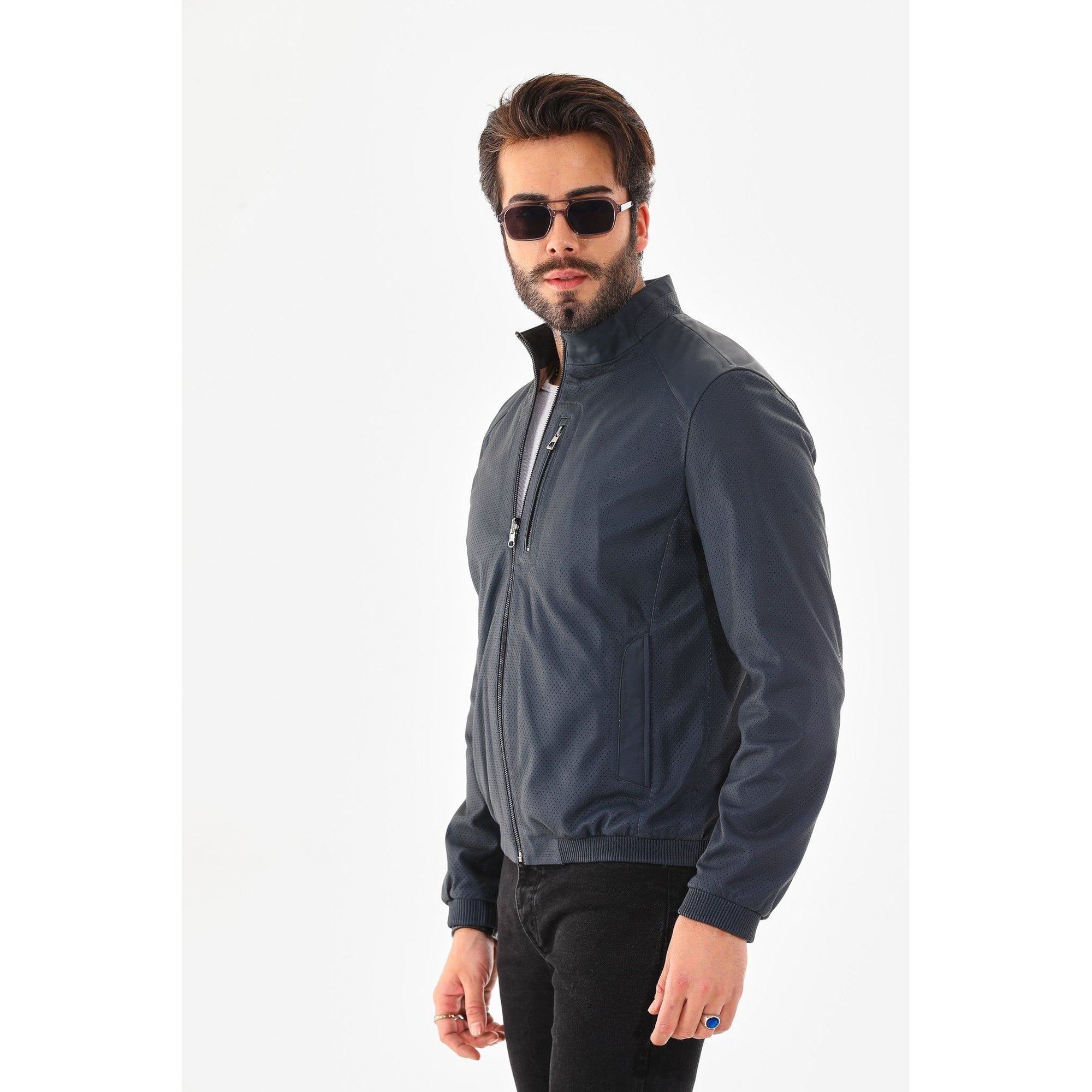 Vinci The Como Navy Blue Leather Bomber Jacket