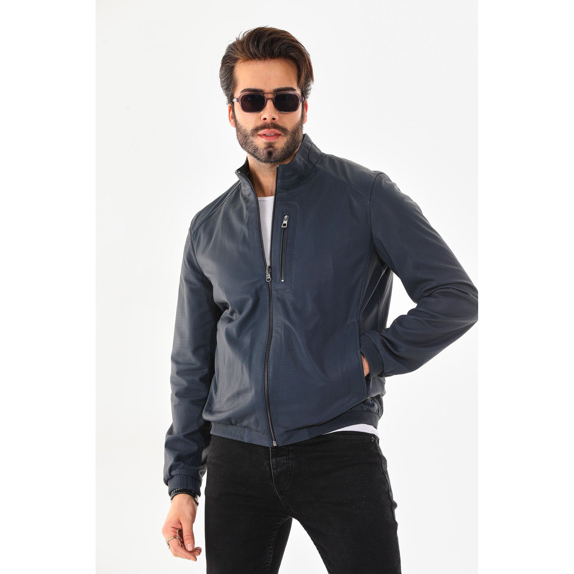 Vinci The Como Navy Blue Leather Bomber Jacket