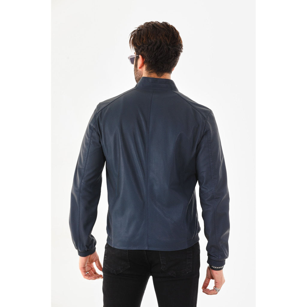 Vinci The Como Navy Blue Leather Bomber Jacket