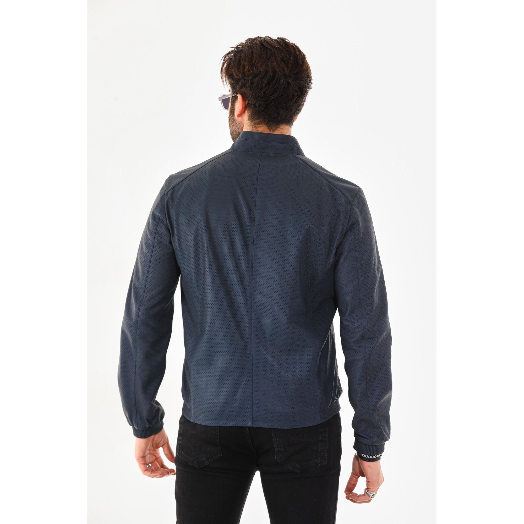 Vinci The Como Navy Blue Leather Bomber Jacket