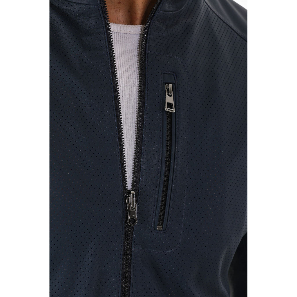 Vinci The Como Navy Blue Leather Bomber Jacket