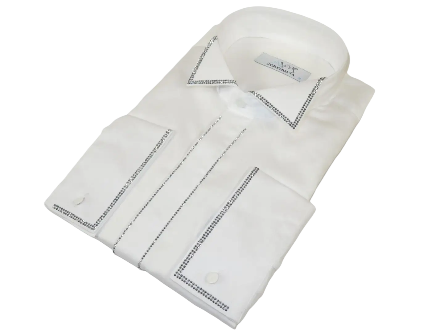 Men CEREMONIA Tuxedo Shirt Rhinestone 100% Cotton Turkey #stn 133 White Wing tip