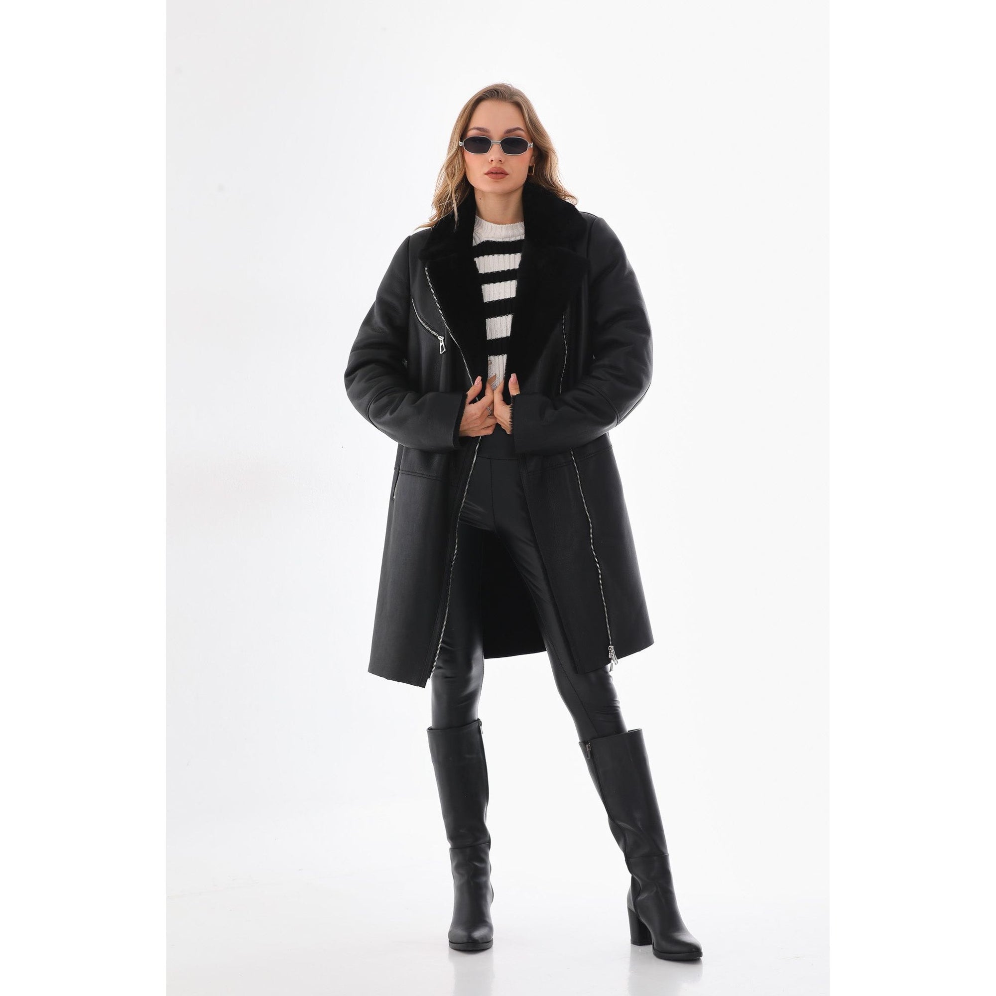 Vinci The Onyx Black Shearling & Fox Fur Leather Women Jacket