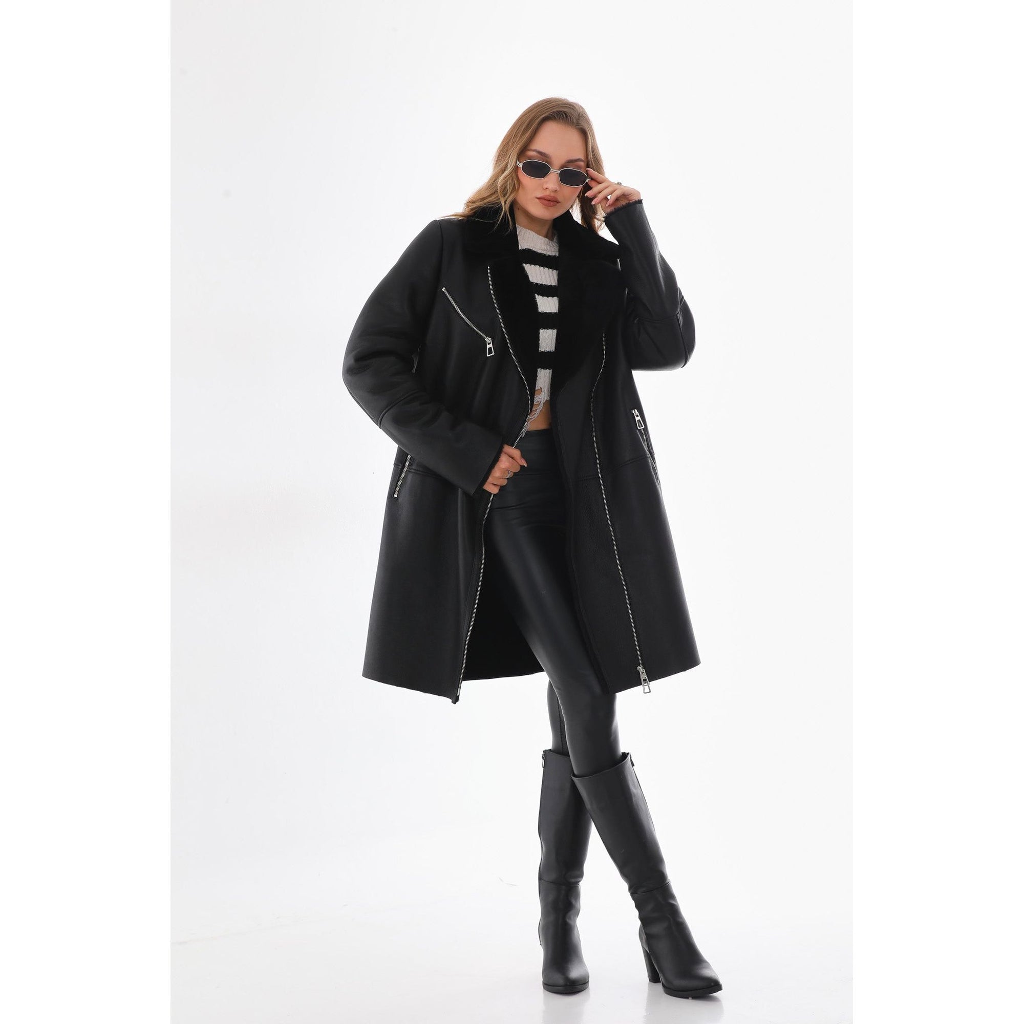 Vinci The Onyx Black Shearling & Fox Fur Leather Women Jacket