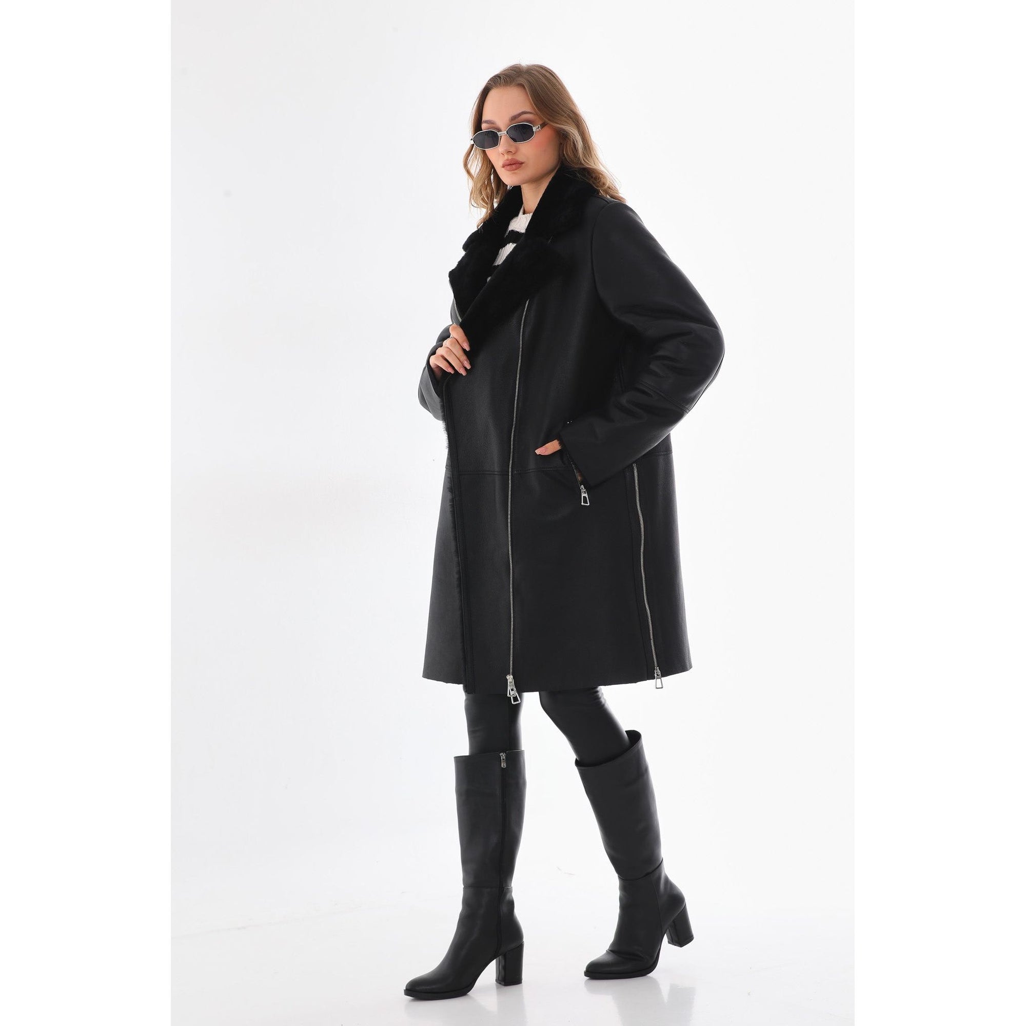 Vinci The Onyx Black Shearling & Fox Fur Leather Women Jacket