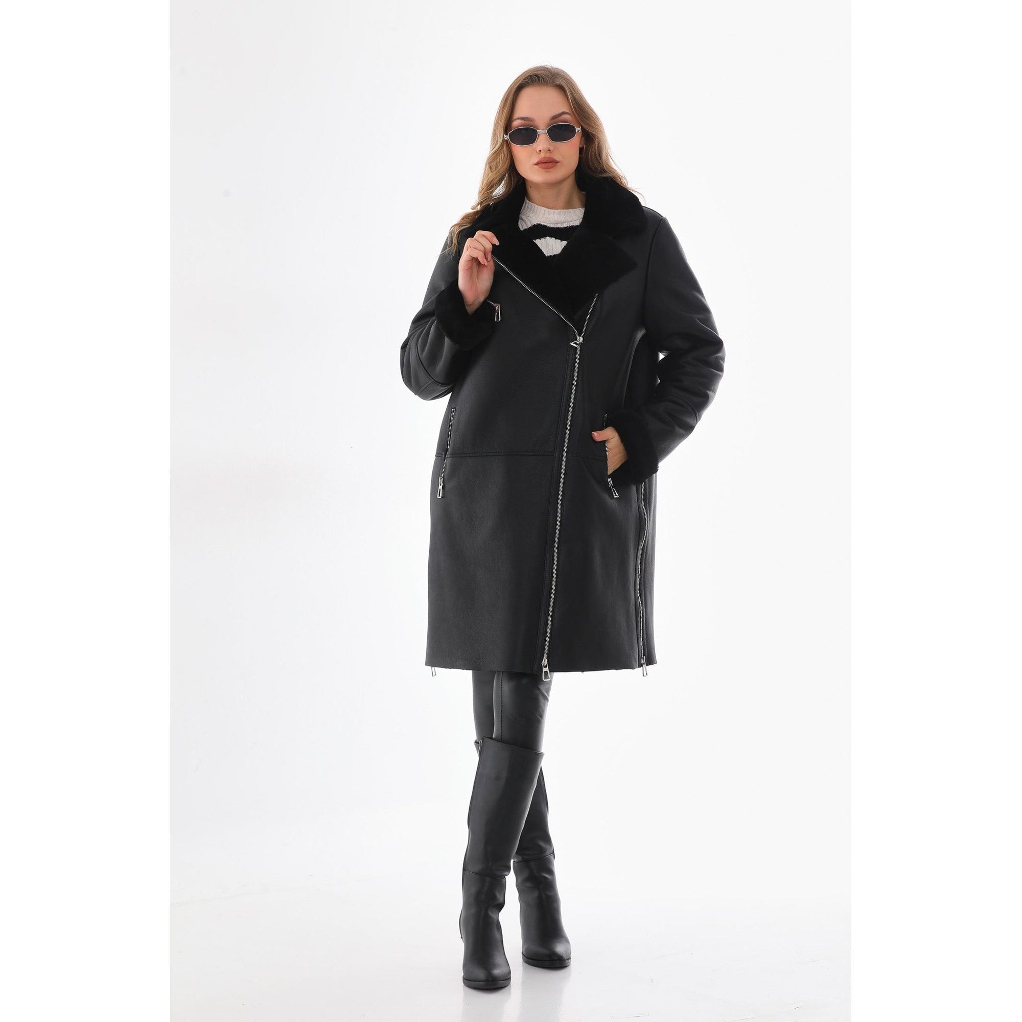Vinci The Onyx Black Shearling & Fox Fur Leather Women Jacket