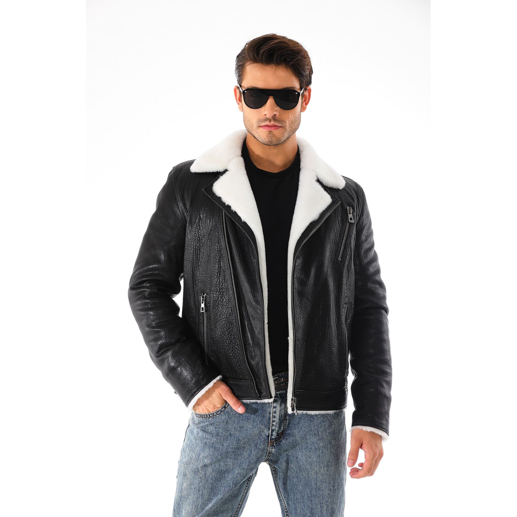 Vinci The Cortina Black Shearling Leather Men Jacket