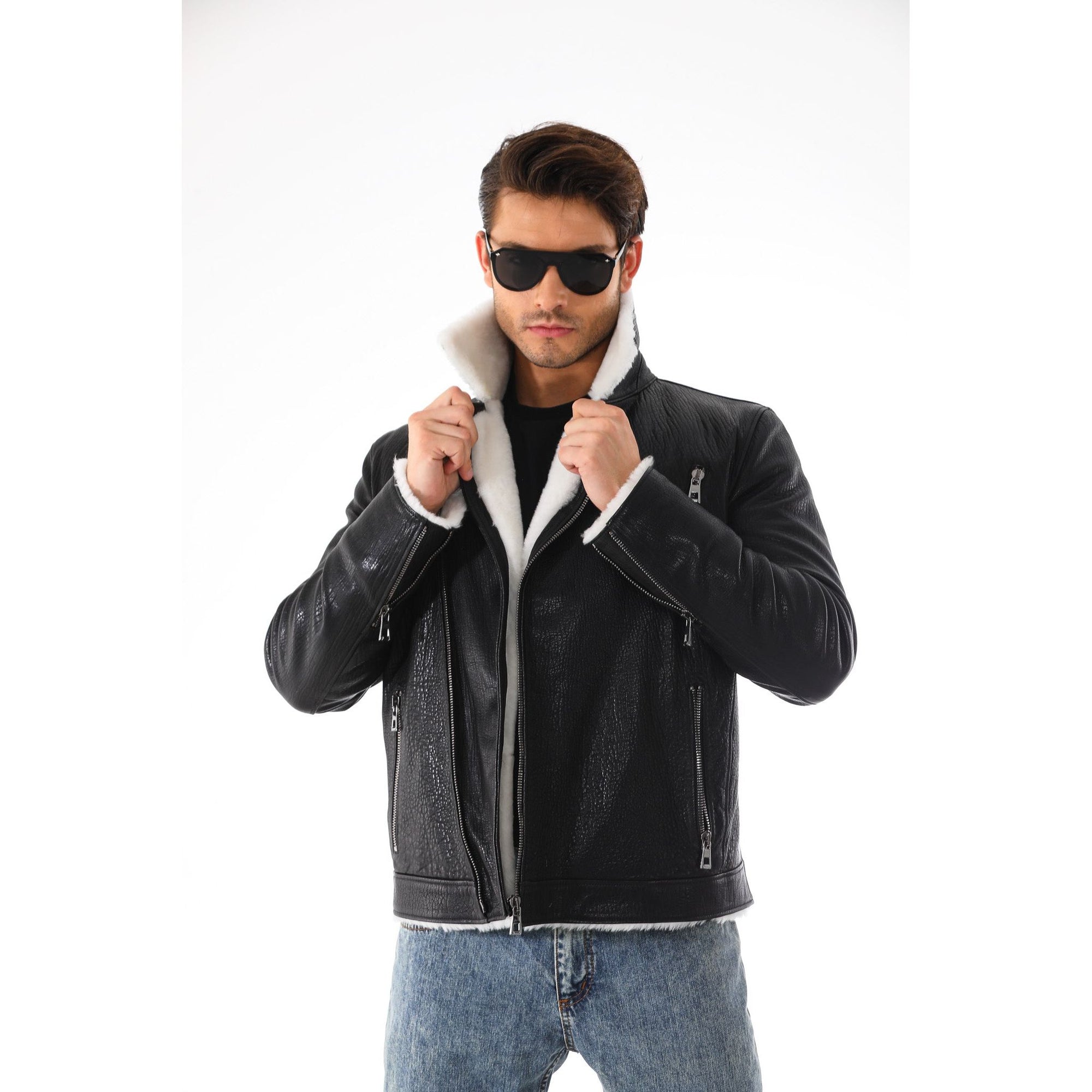 Vinci The Cortina Black Shearling Leather Men Jacket