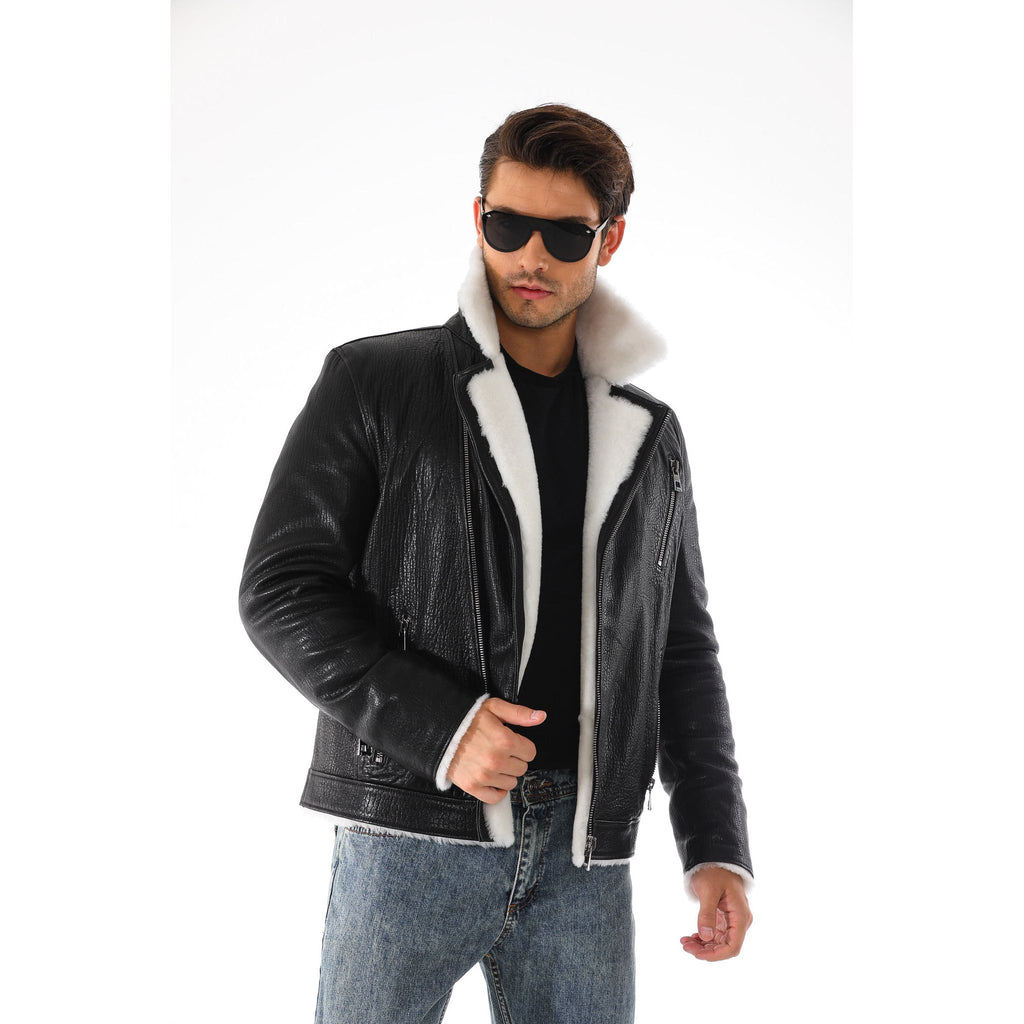 Vinci The Cortina Black Shearling Leather Men Jacket