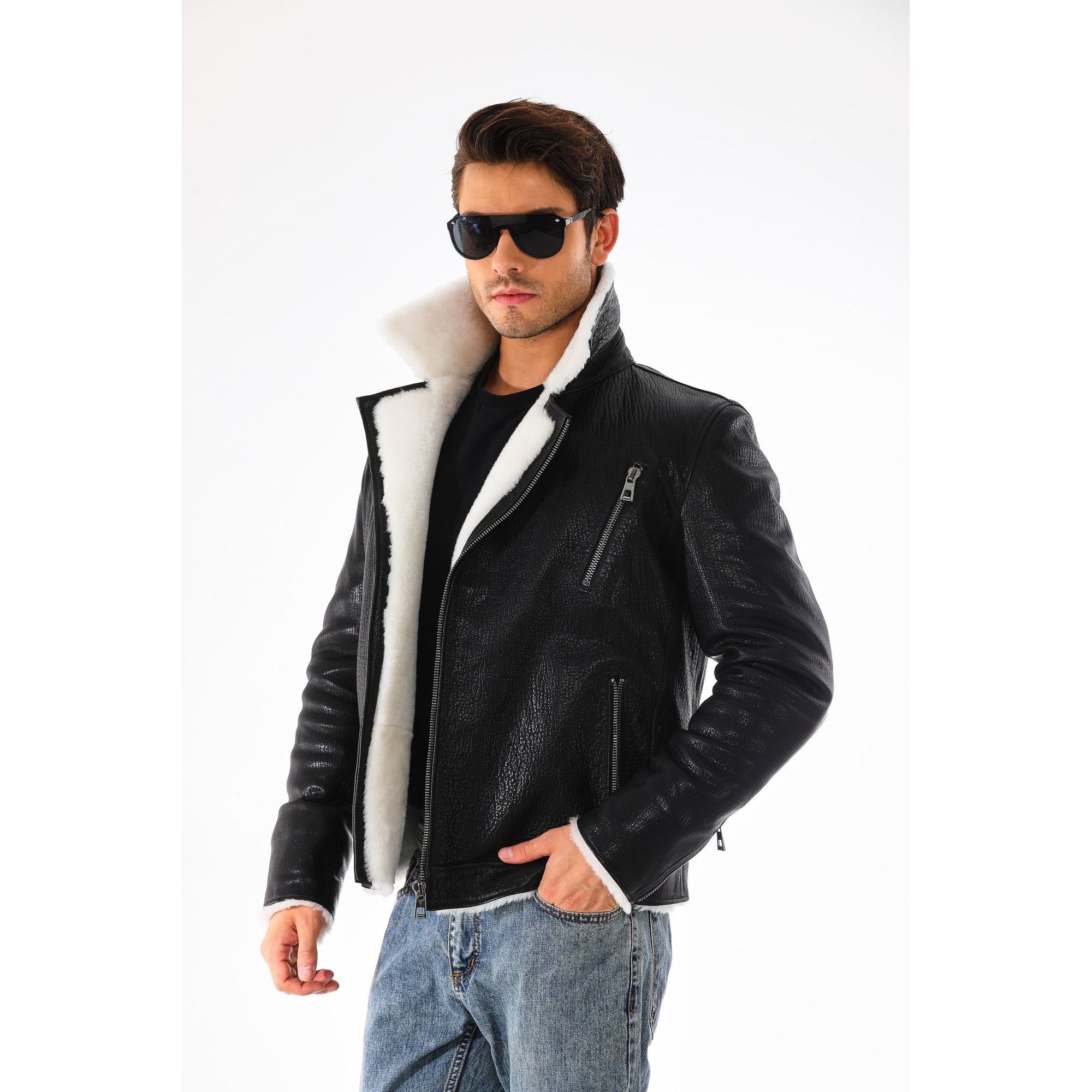 Vinci The Cortina Black Shearling Leather Men Jacket