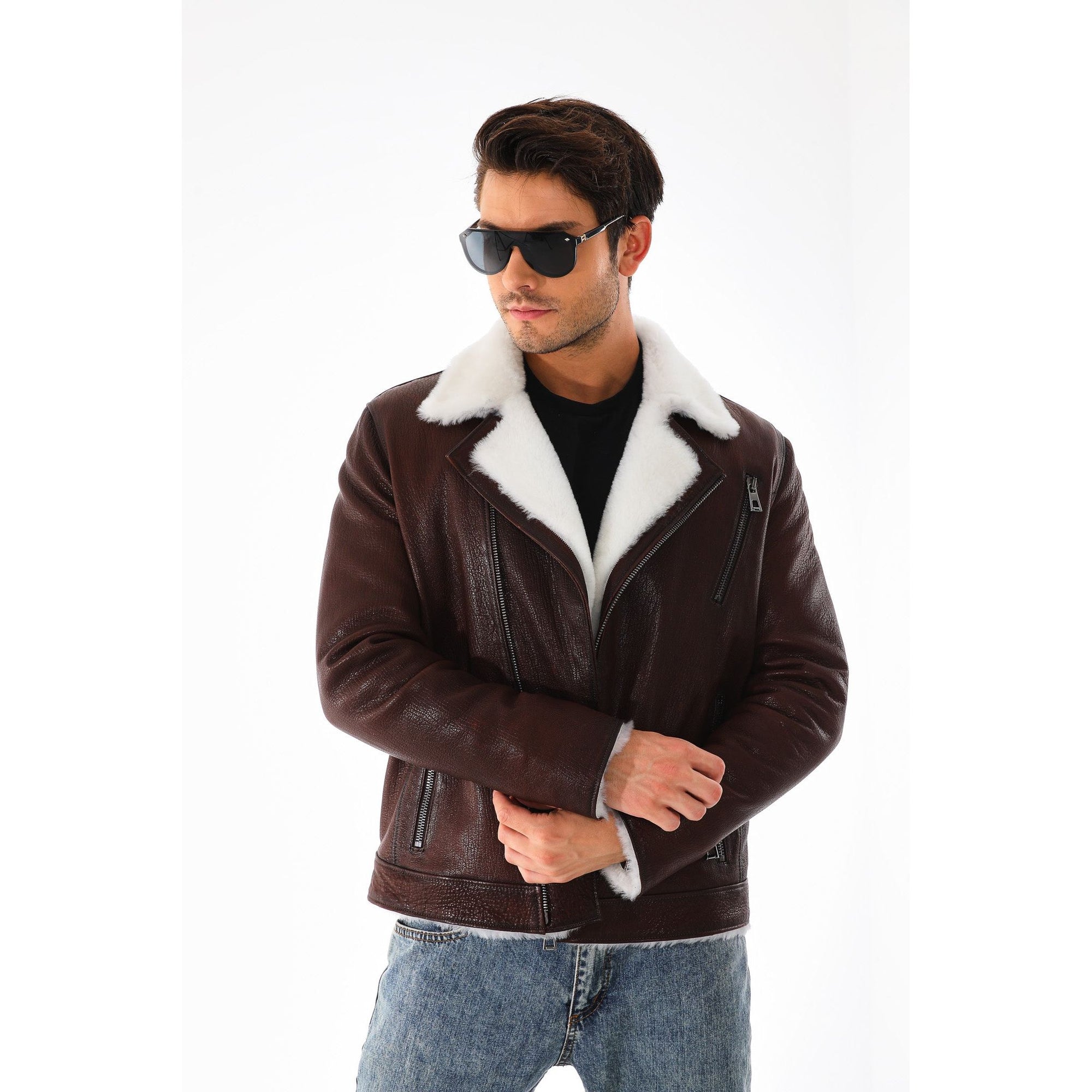 Vinci The Cortina Brown & White Shearling Leather Men Jacket