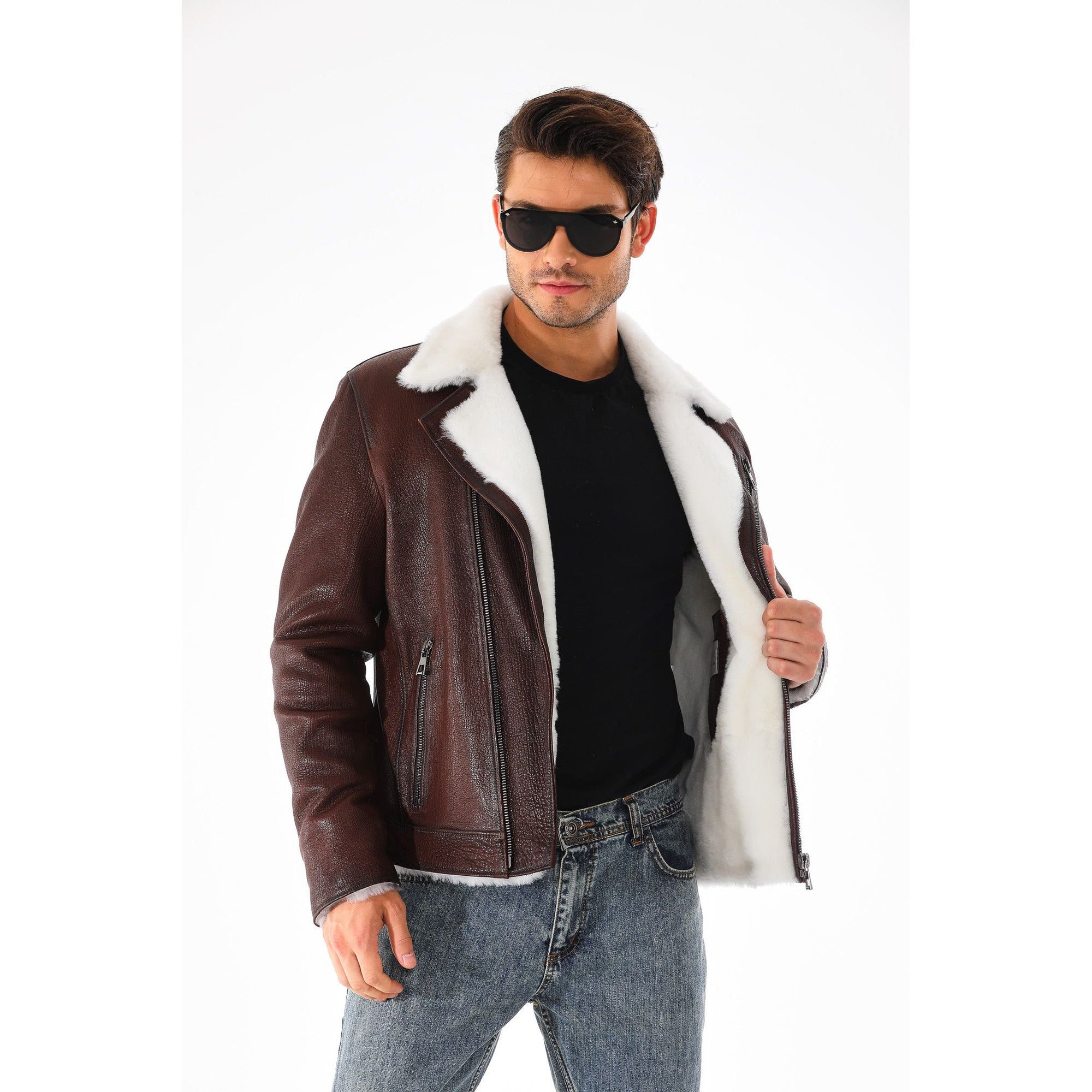 Vinci The Cortina Brown & White Shearling Leather Men Jacket