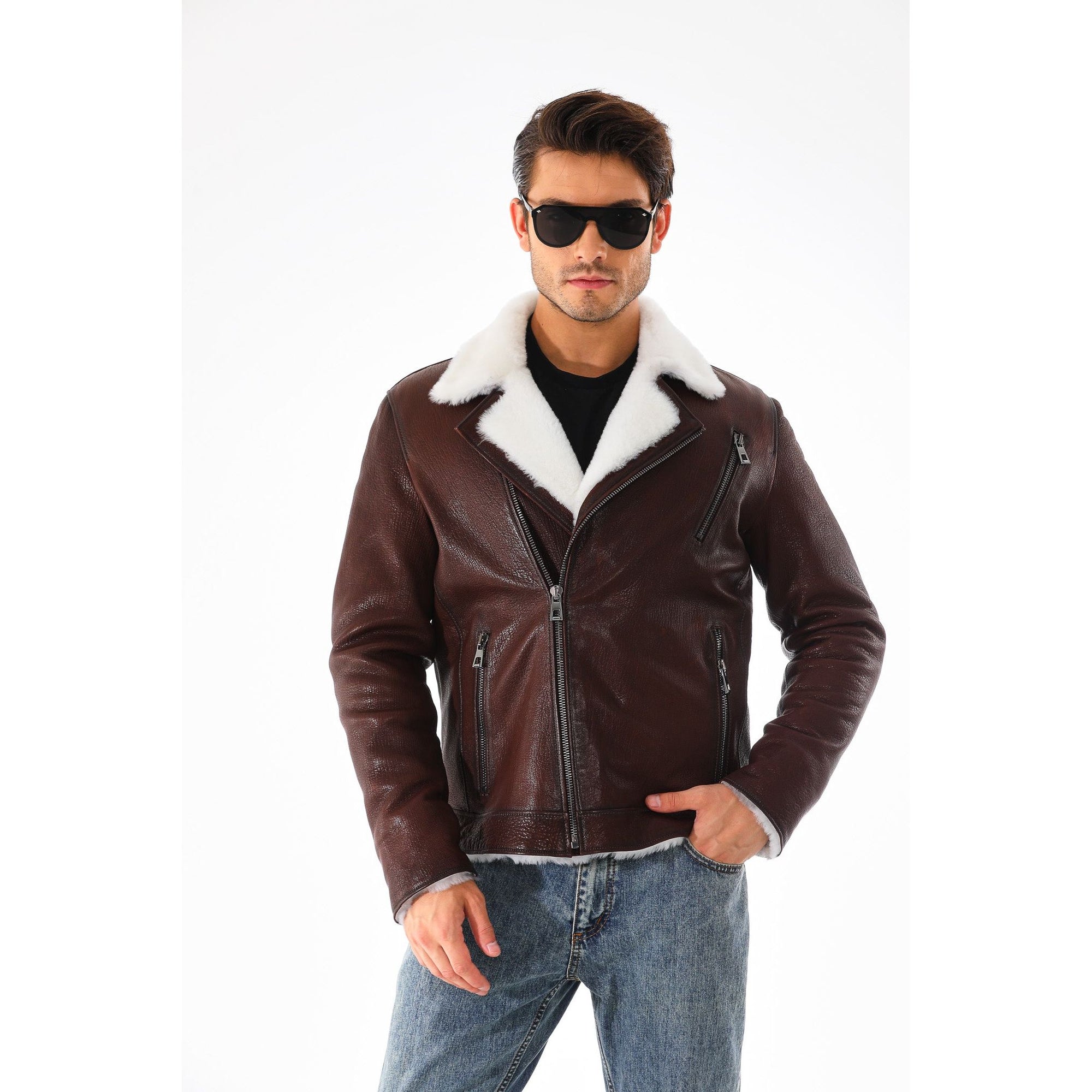 Vinci The Cortina Brown & White Shearling Leather Men Jacket