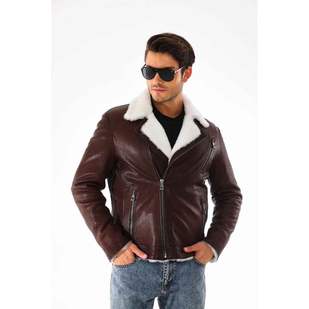 Vinci The Cortina Brown & White Shearling Leather Men Jacket