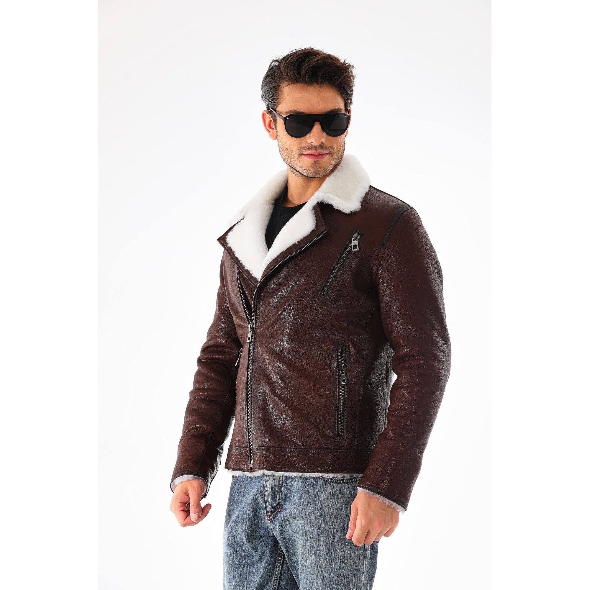 Vinci The Cortina Brown & White Shearling Leather Men Jacket