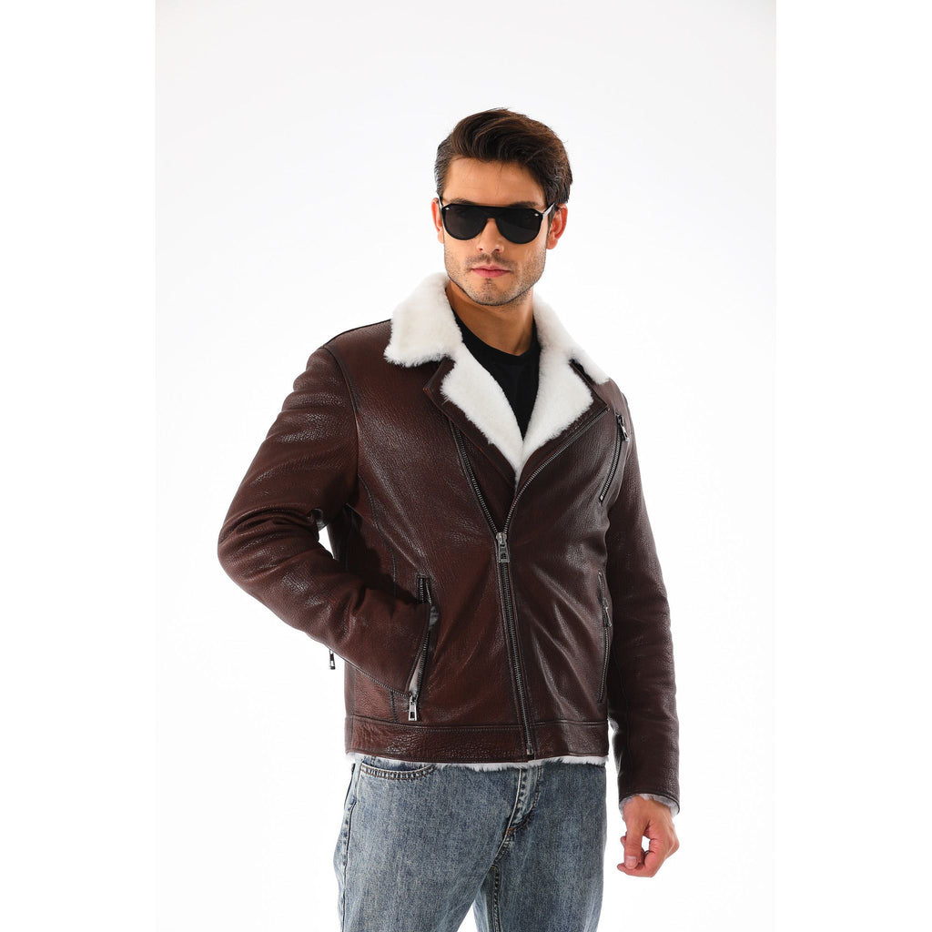 Vinci The Cortina Brown & White Shearling Leather Men Jacket
