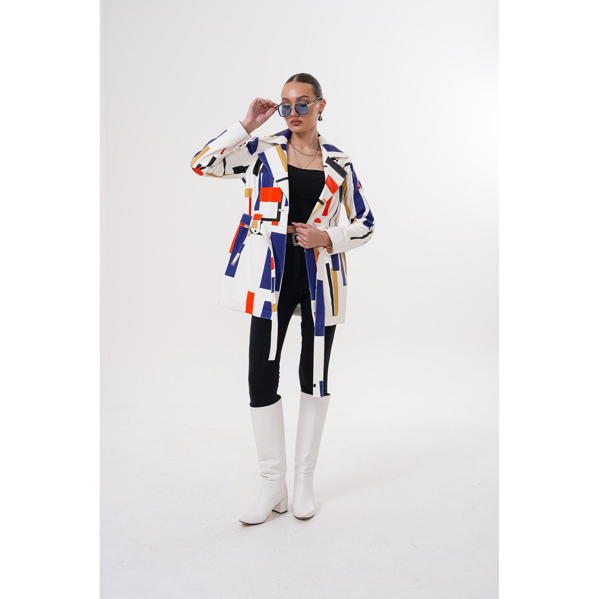 Sienna Abstract Art Leather Women Jacket – Red Navy Edition