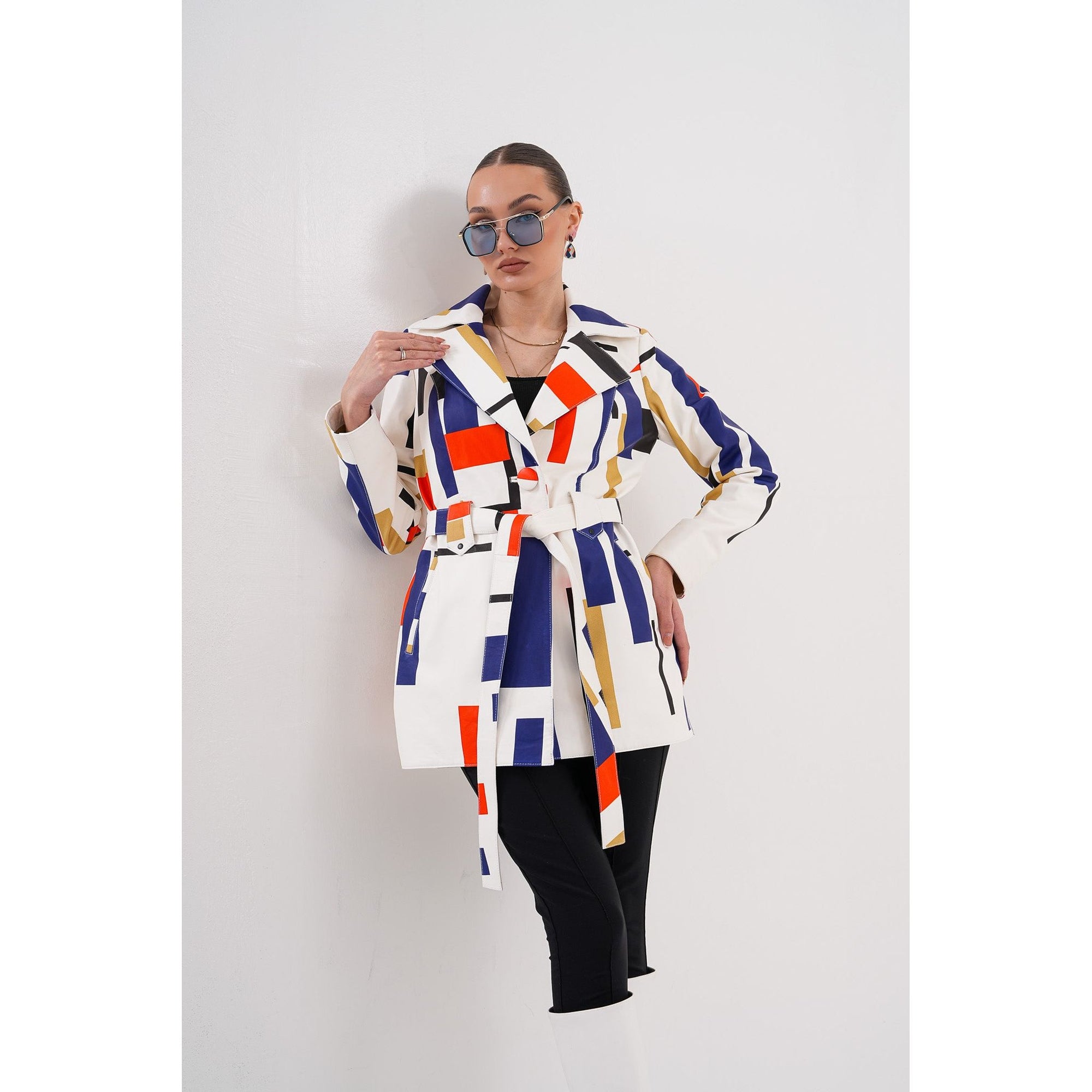 Sienna Abstract Art Leather Women Jacket – Red Navy Edition
