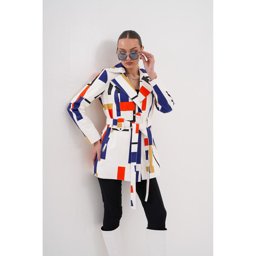 Sienna Abstract Art Leather Women Jacket – Red Navy Edition