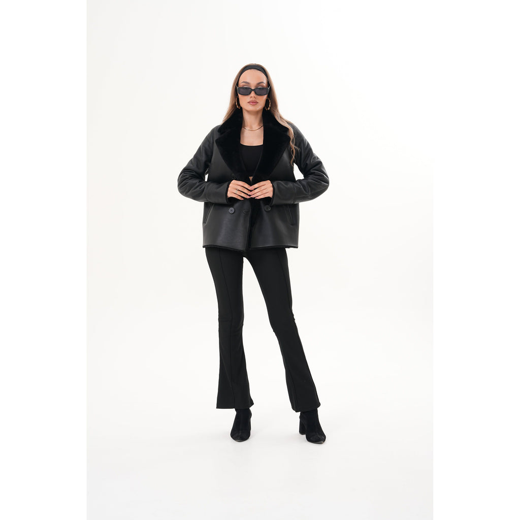 The Zurich Double-Breasted Black Shearling Leather Women Jacket