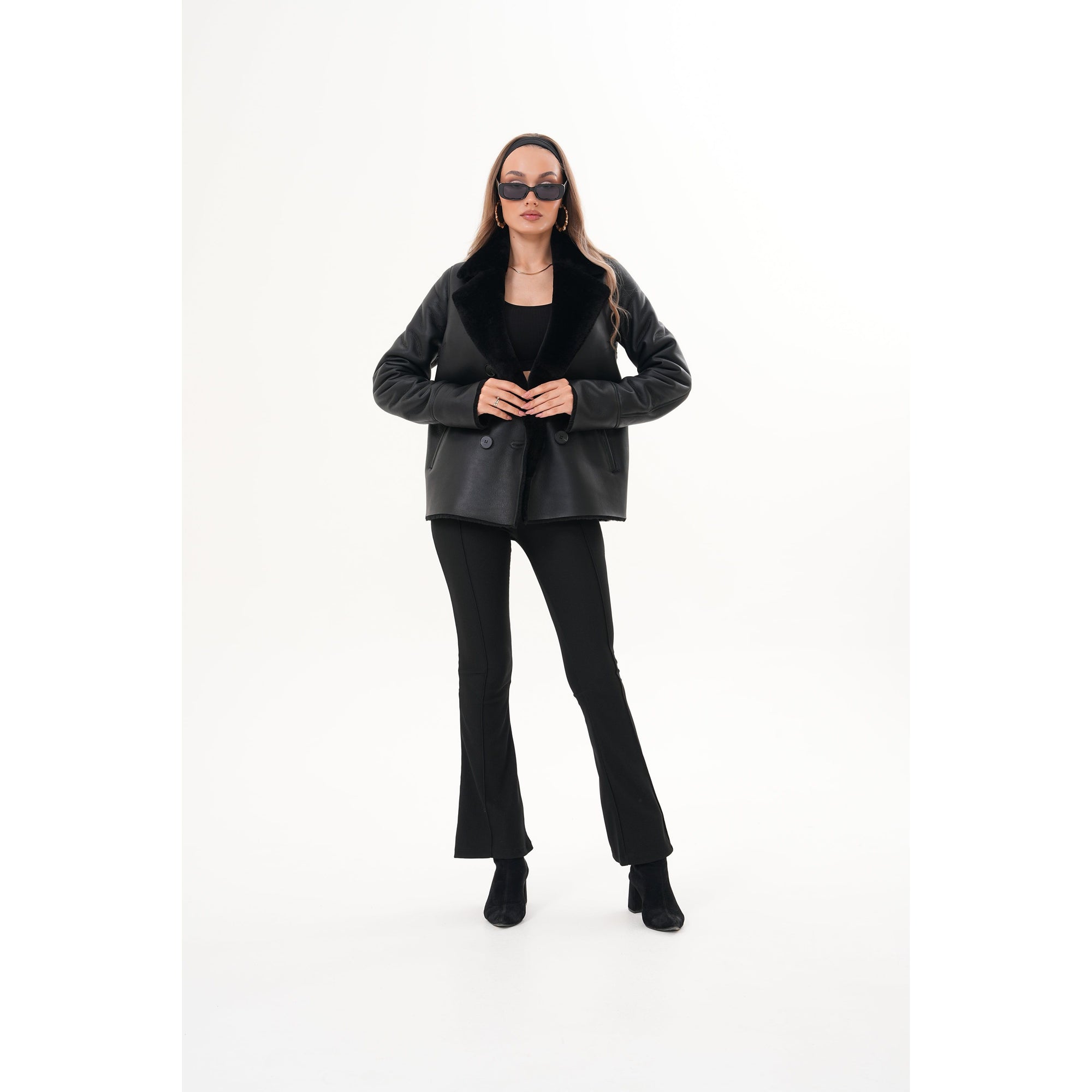 The Zurich Double-Breasted Black Shearling Leather Women Jacket