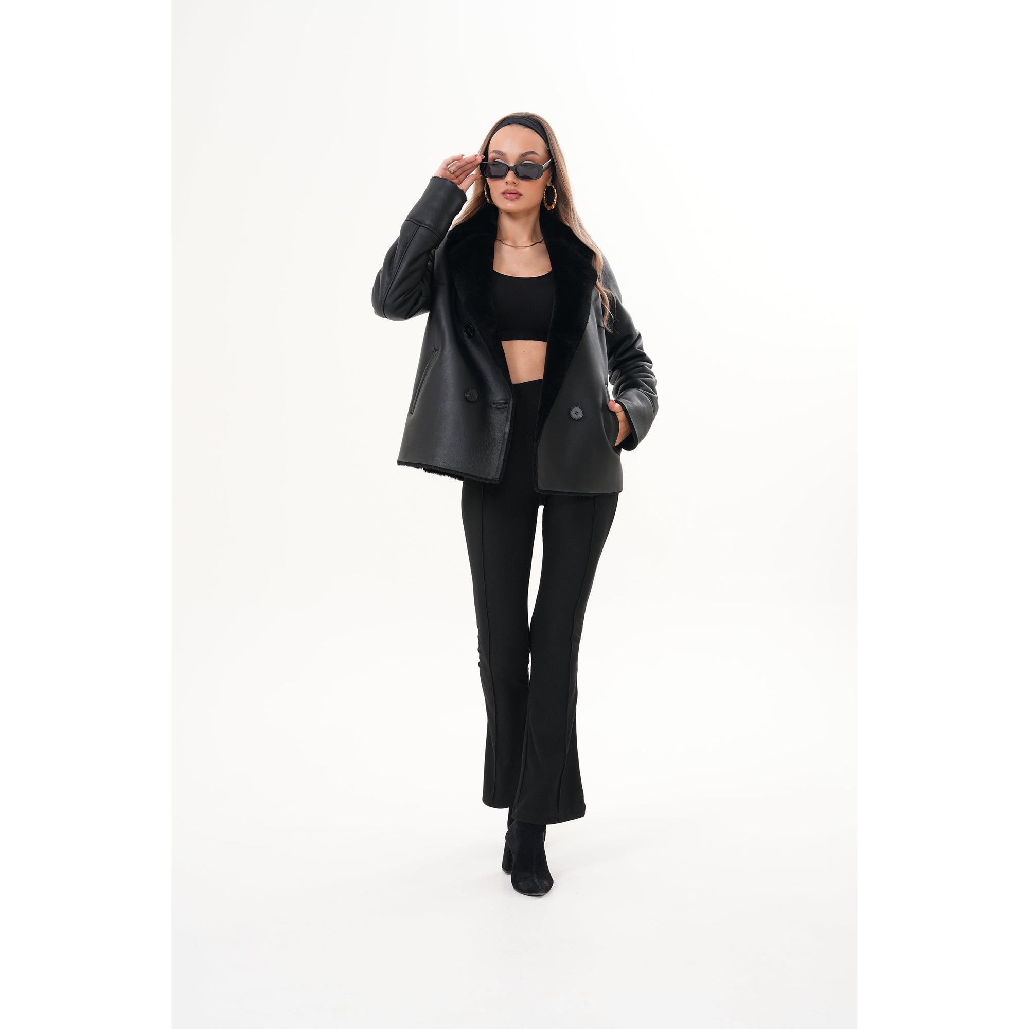 The Zurich Double-Breasted Black Shearling Leather Women Jacket