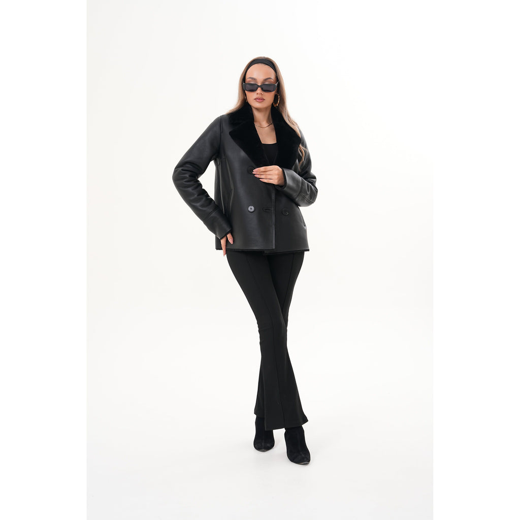 The Zurich Double-Breasted Black Shearling Leather Women Jacket