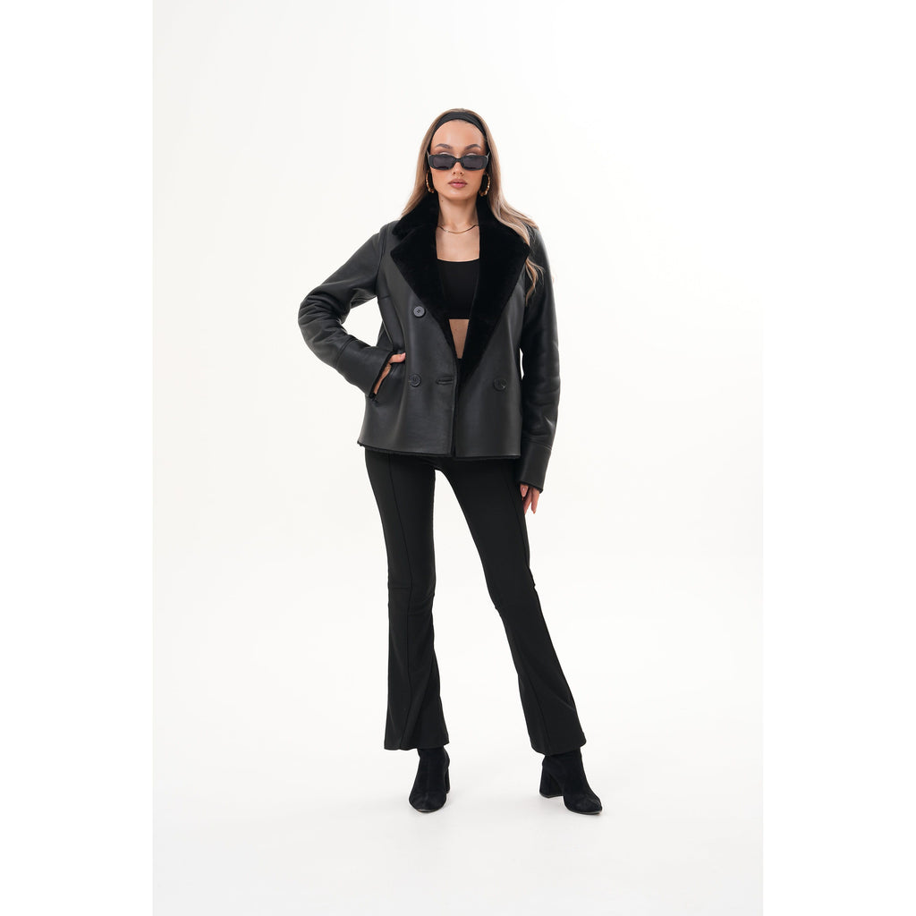 The Zurich Double-Breasted Black Shearling Leather Women Jacket