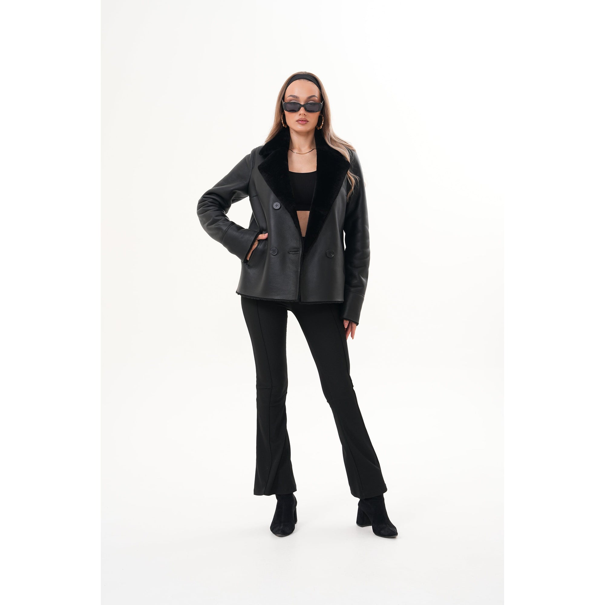 The Zurich Double-Breasted Black Shearling Leather Women Jacket