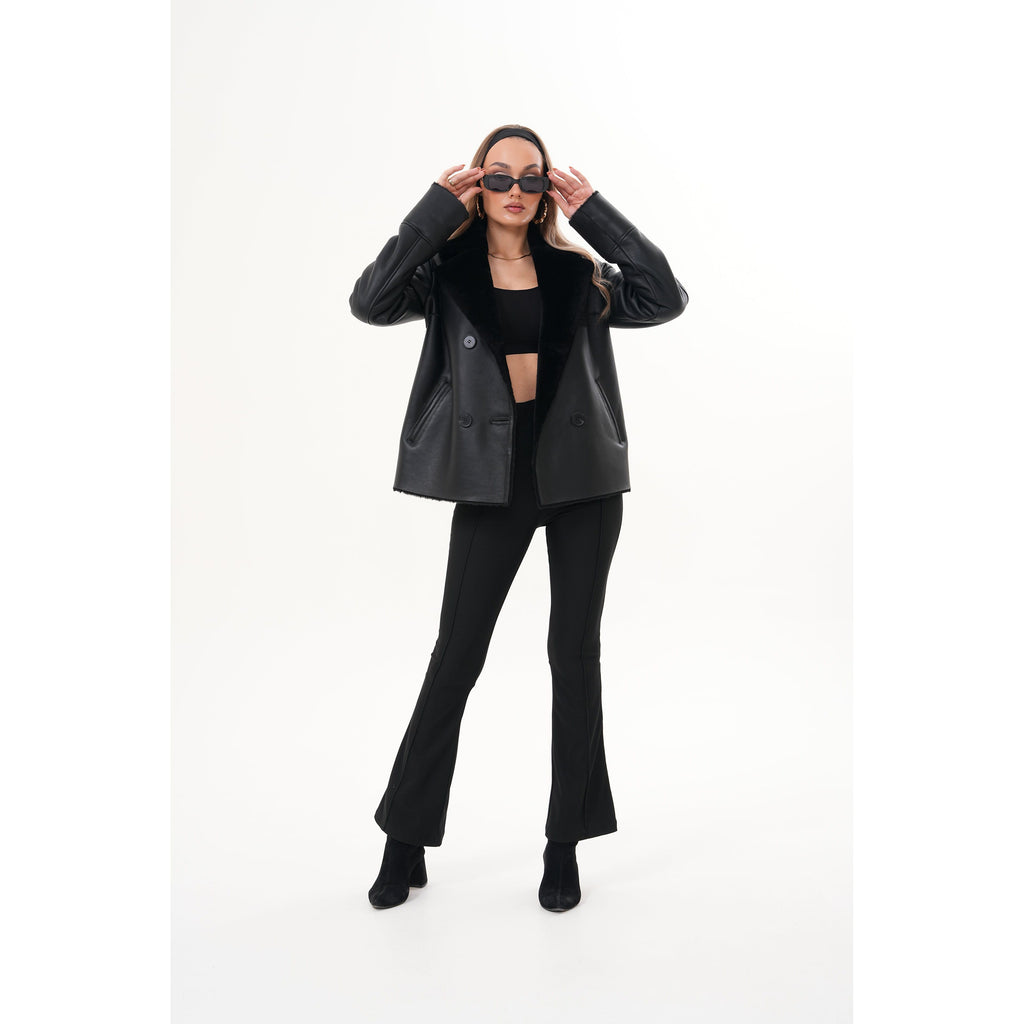 The Zurich Double-Breasted Black Shearling Leather Women Jacket