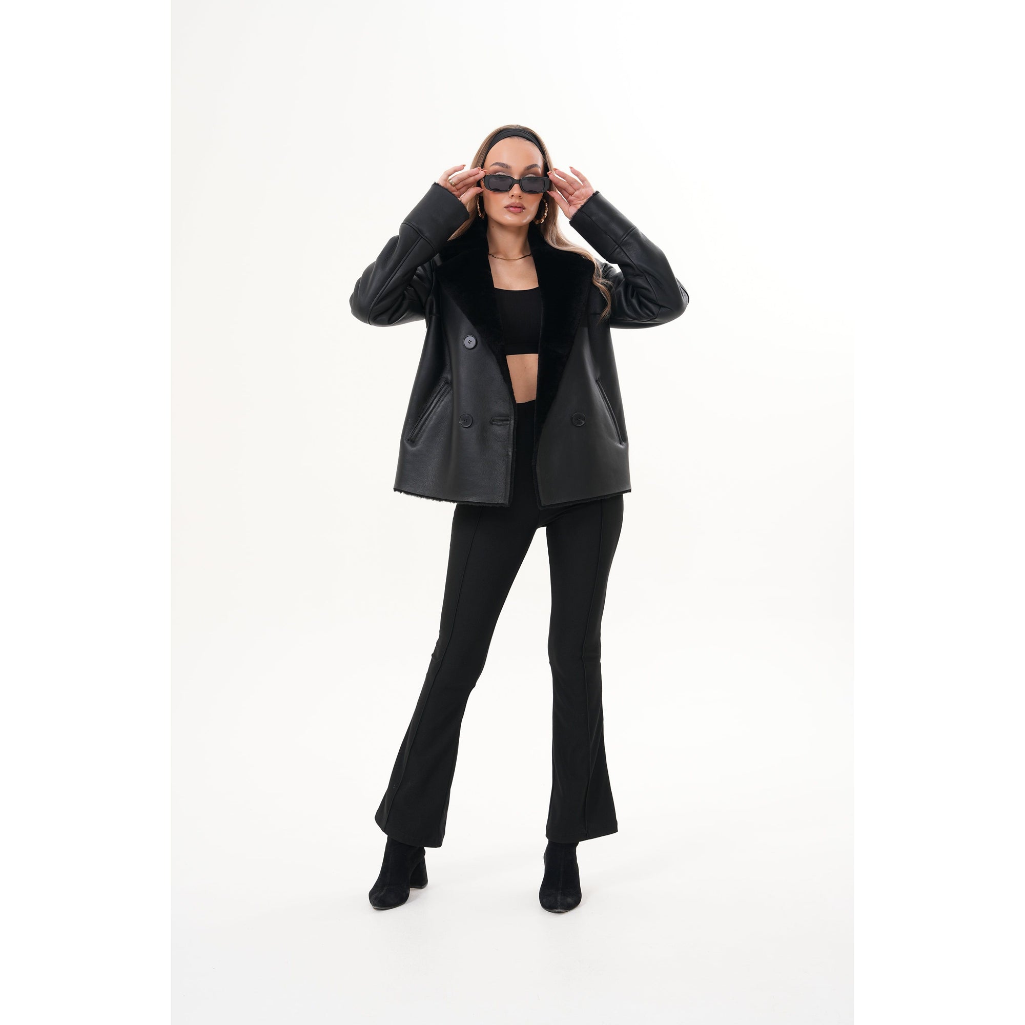 The Zurich Double-Breasted Black Shearling Leather Women Jacket