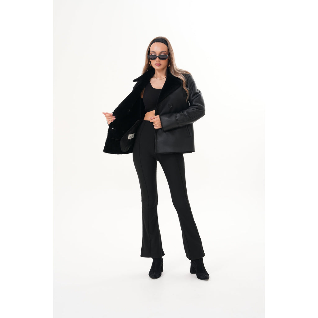 The Zurich Double-Breasted Black Shearling Leather Women Jacket
