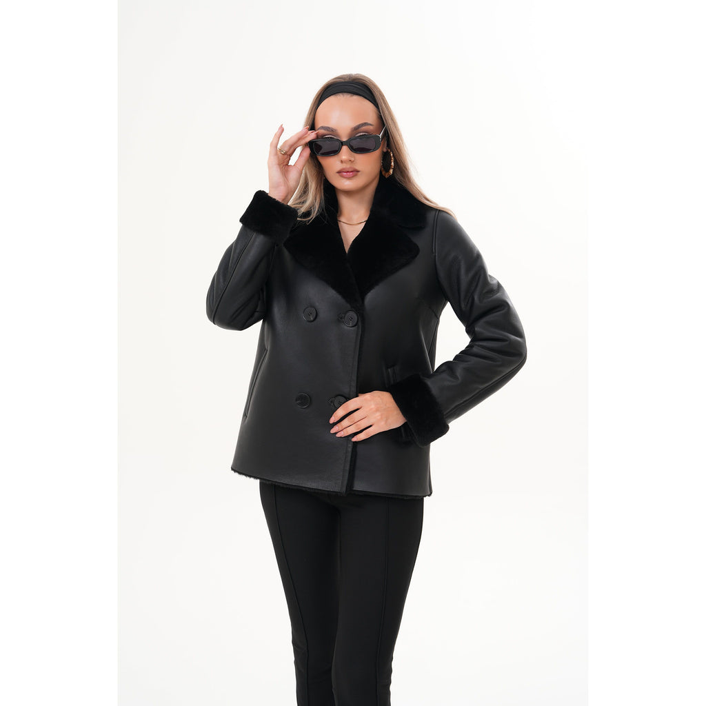The Zurich Double-Breasted Black Shearling Leather Women Jacket