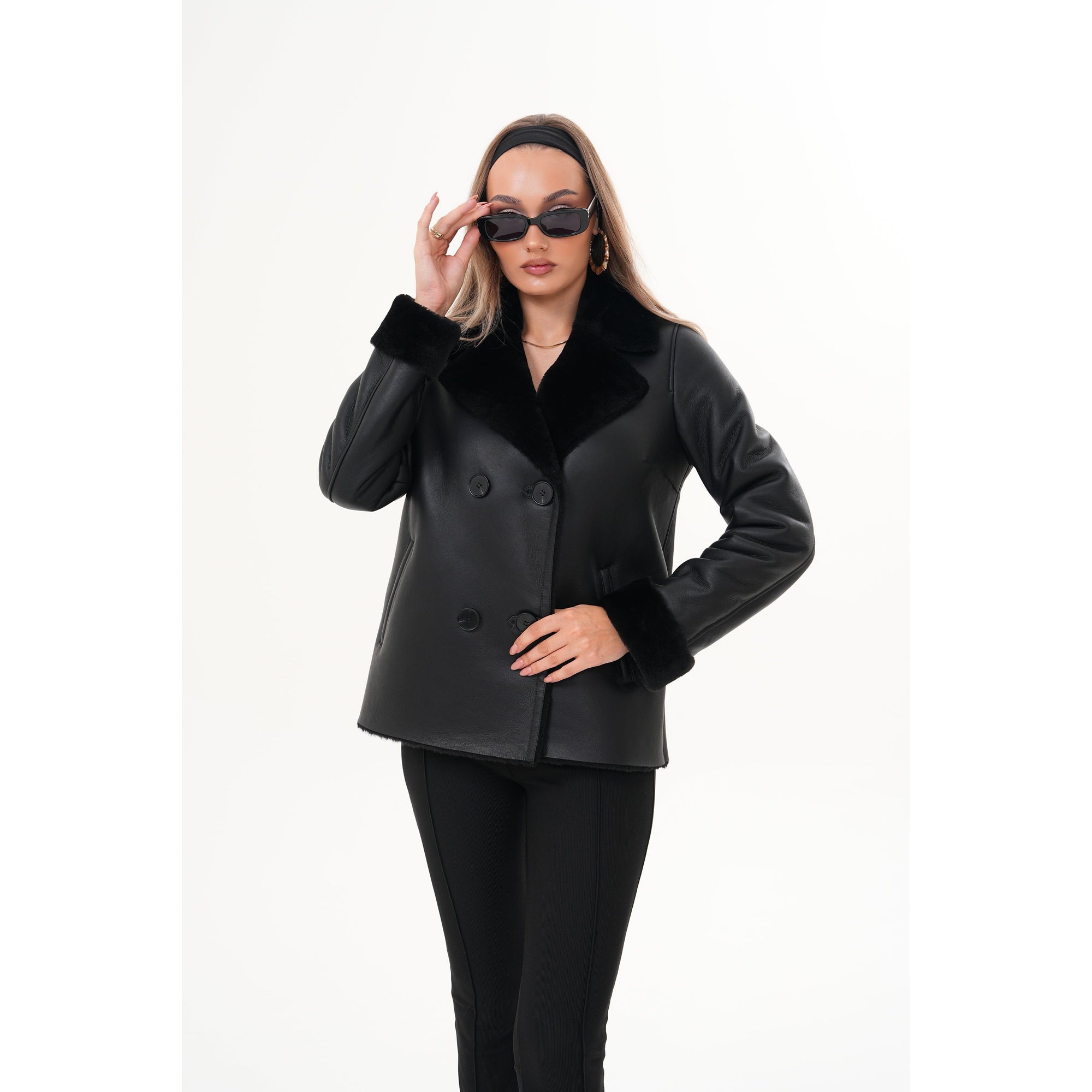 The Zurich Double-Breasted Black Shearling Leather Women Jacket