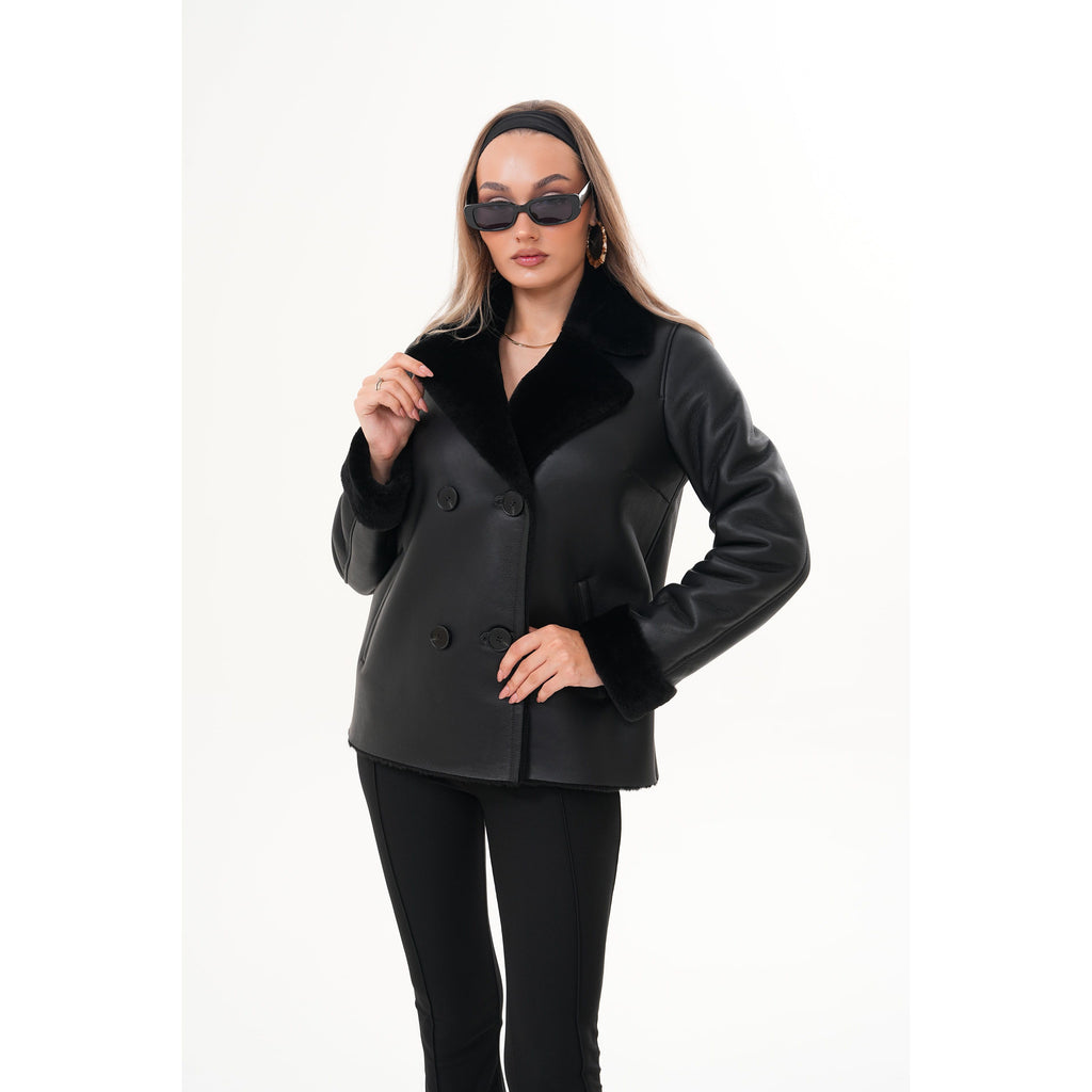The Zurich Double-Breasted Black Shearling Leather Women Jacket
