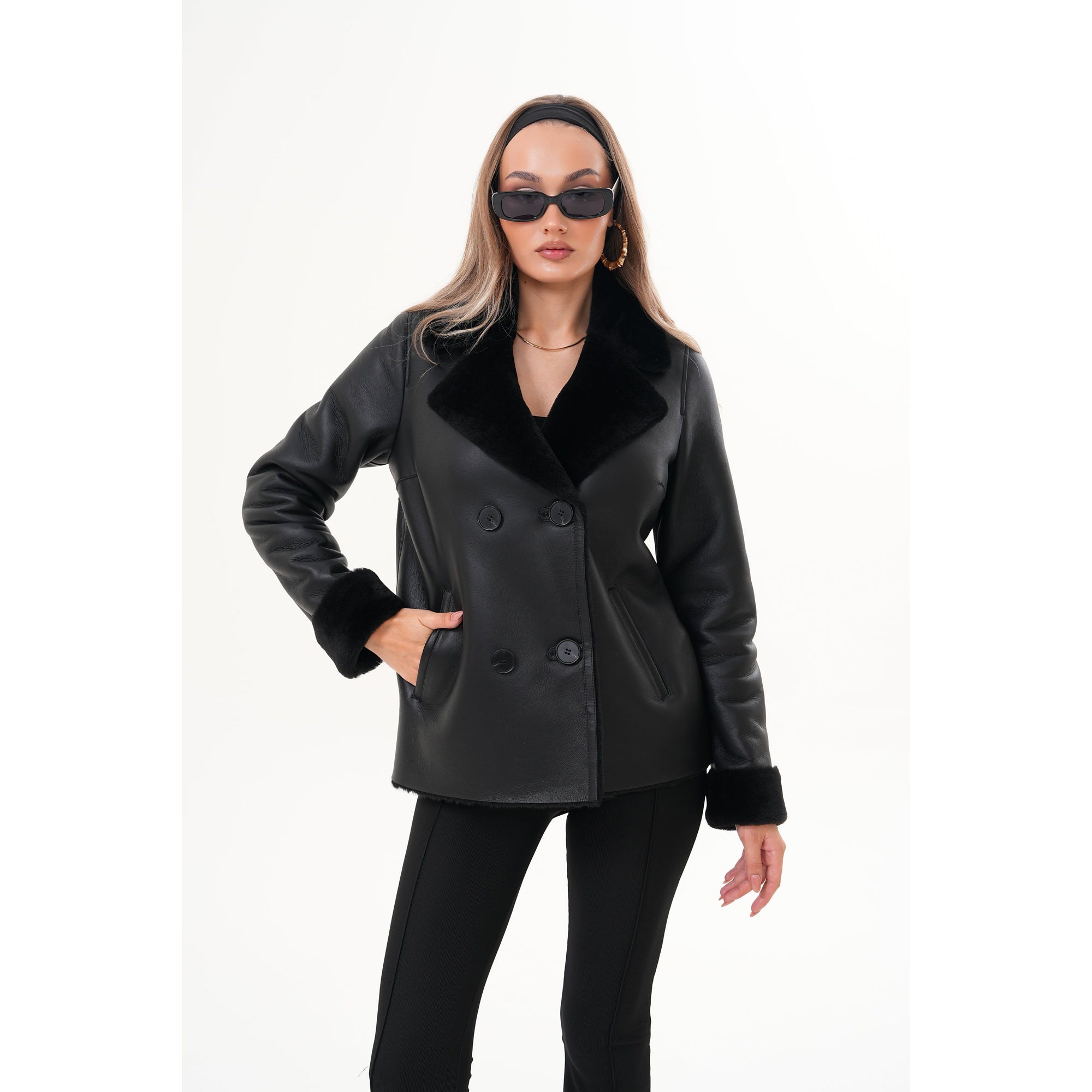 The Zurich Double-Breasted Black Shearling Leather Women Jacket