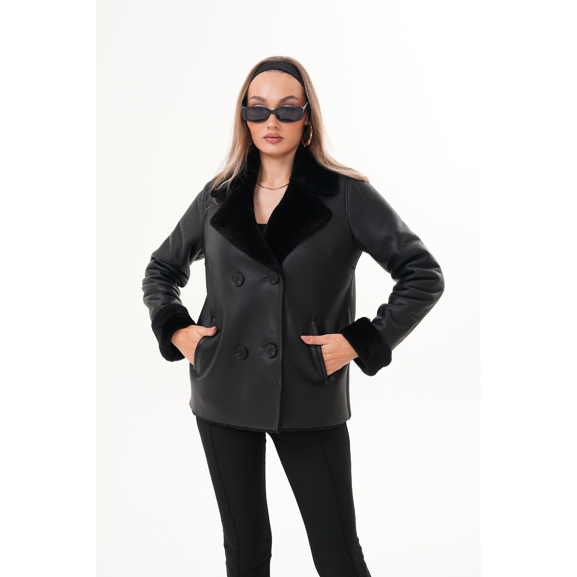The Zurich Double-Breasted Black Shearling Leather Women Jacket
