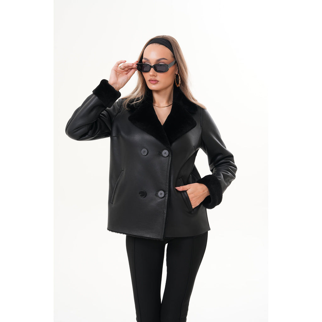 The Zurich Double-Breasted Black Shearling Leather Women Jacket