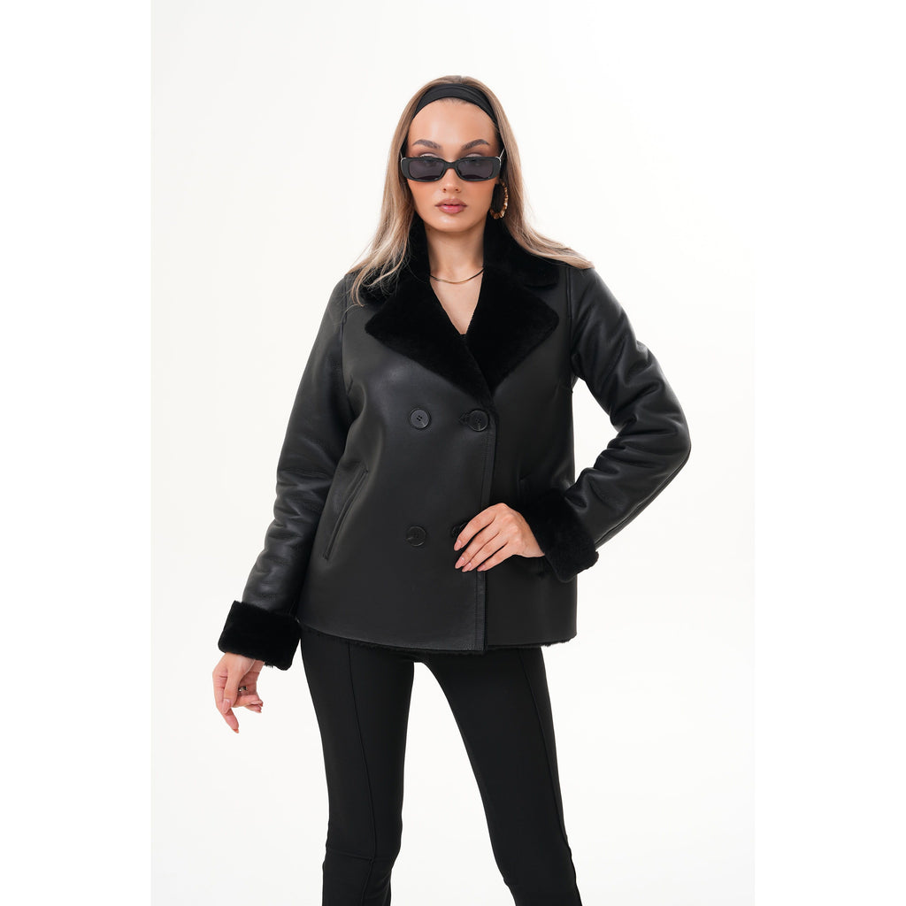 The Zurich Double-Breasted Black Shearling Leather Women Jacket