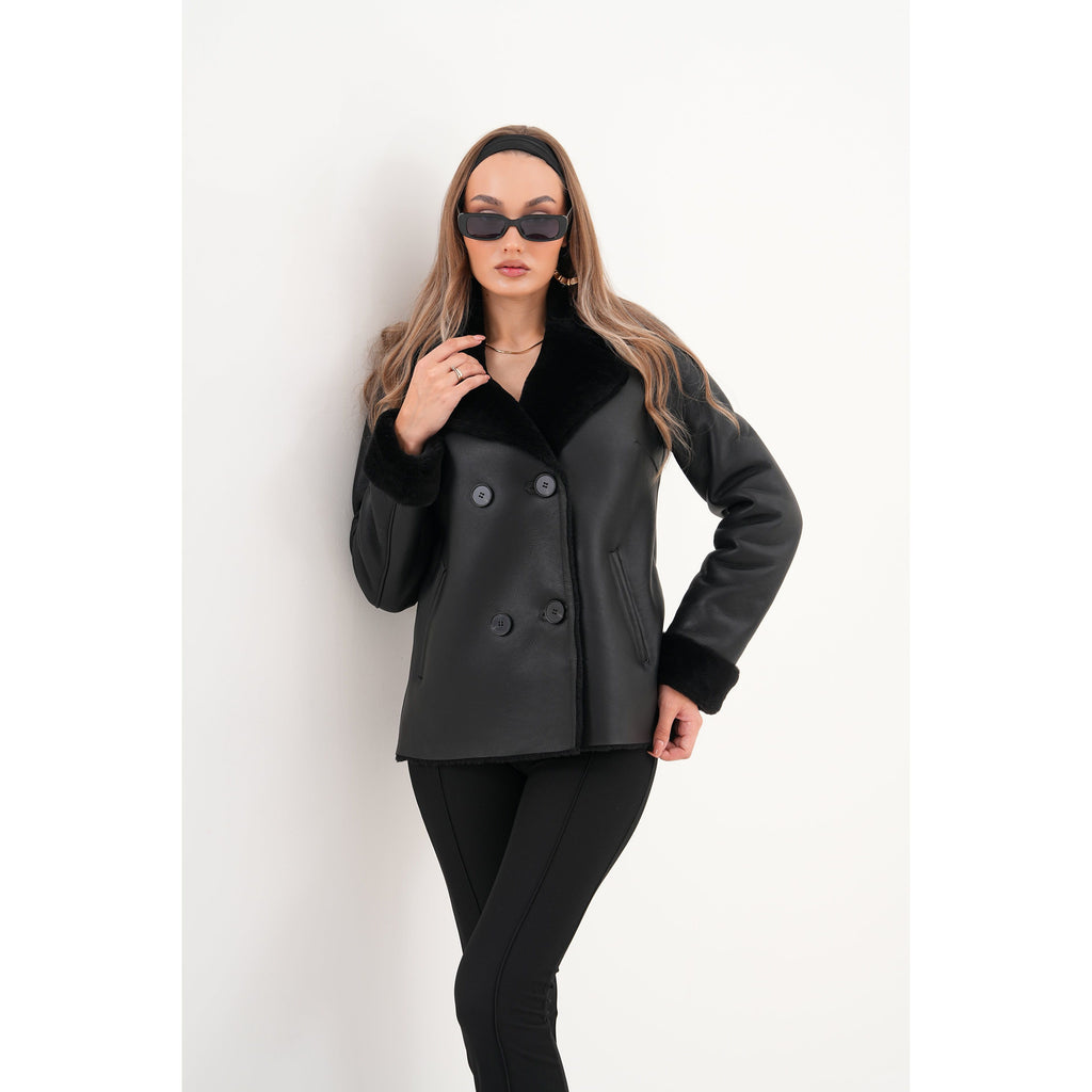 The Zurich Double-Breasted Black Shearling Leather Women Jacket