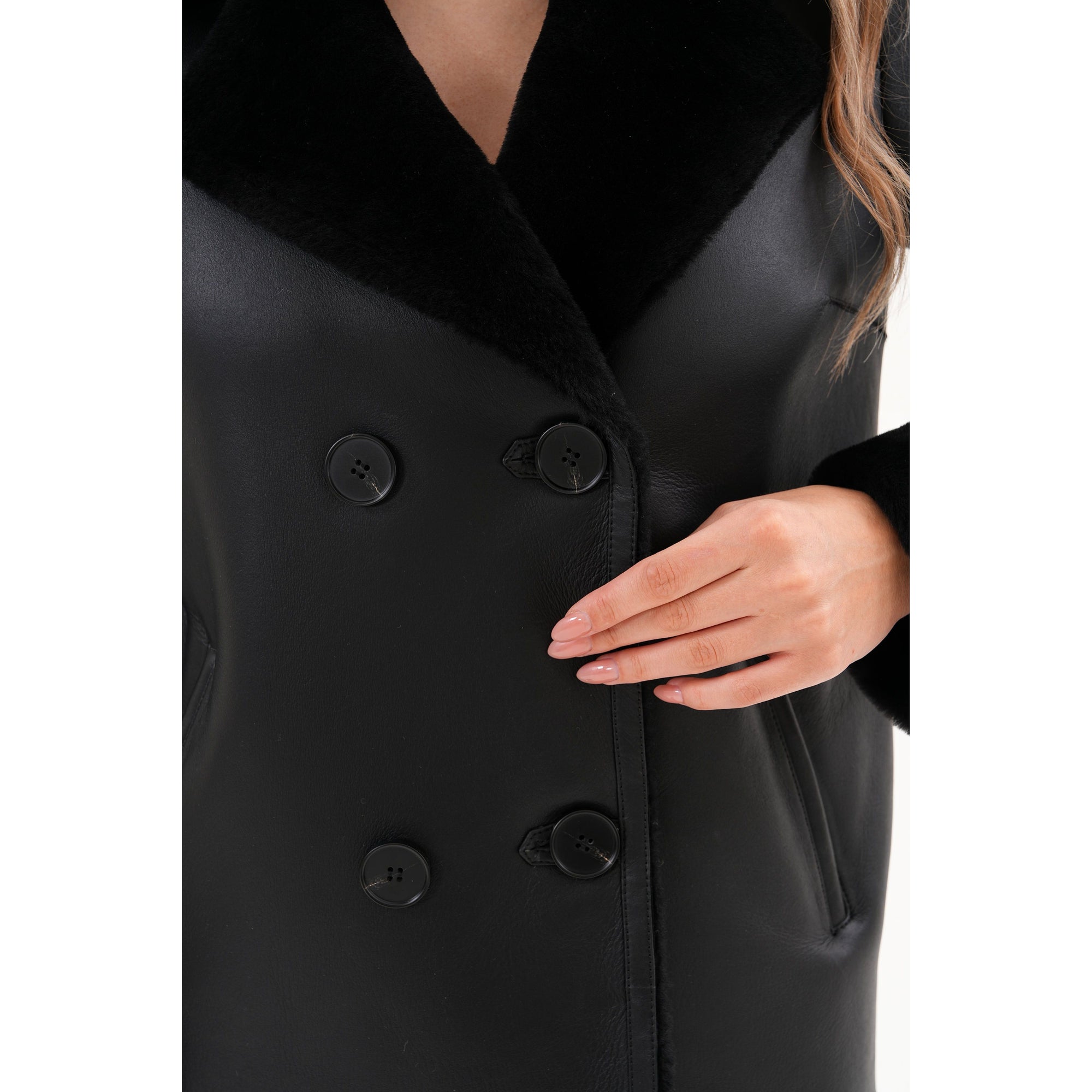 The Zurich Double-Breasted Black Shearling Leather Women Jacket