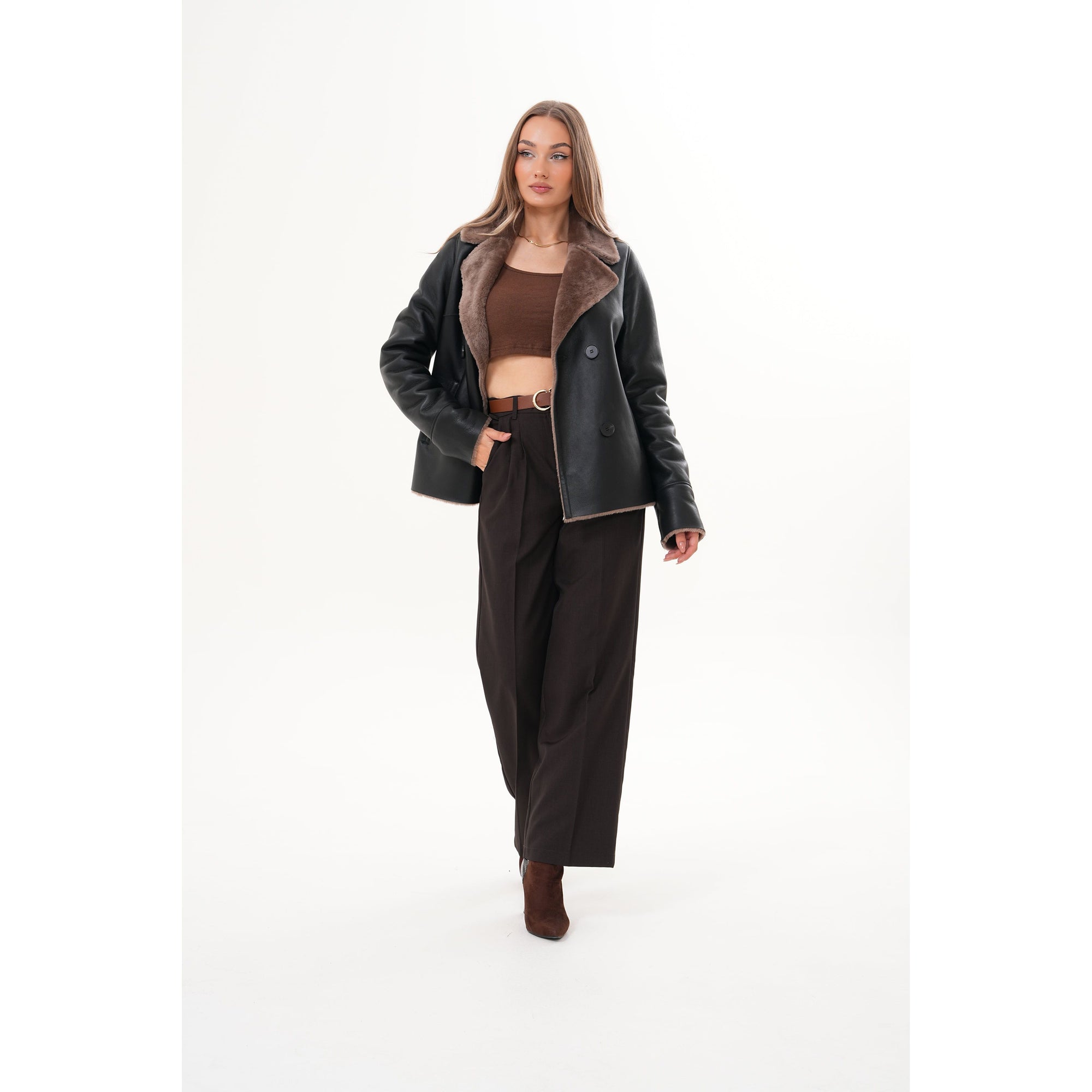 The Zurich Double-Breasted Brown Shearling Collar Leather Women Jacket