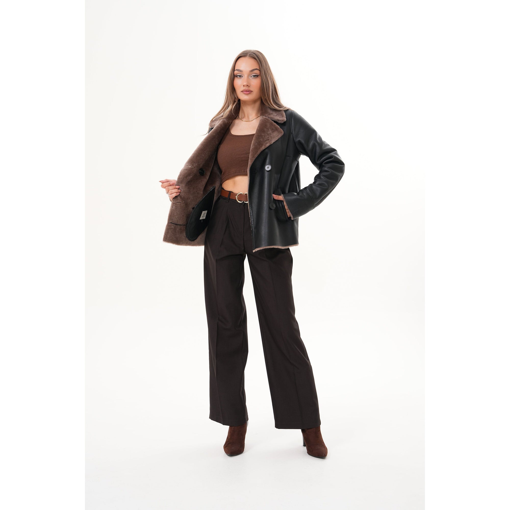 The Zurich Double-Breasted Brown Shearling Collar Leather Women Jacket