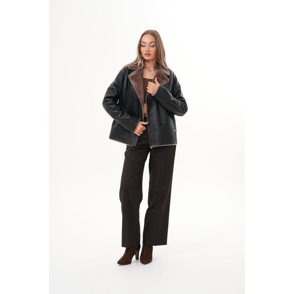 The Zurich Double-Breasted Brown Shearling Collar Leather Women Jacket