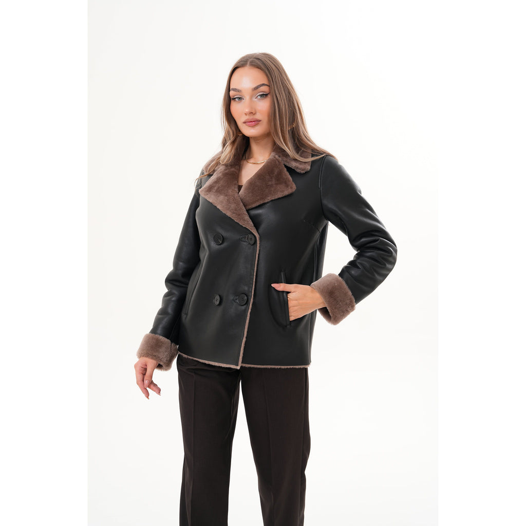 The Zurich Double-Breasted Brown Shearling Collar Leather Women Jacket